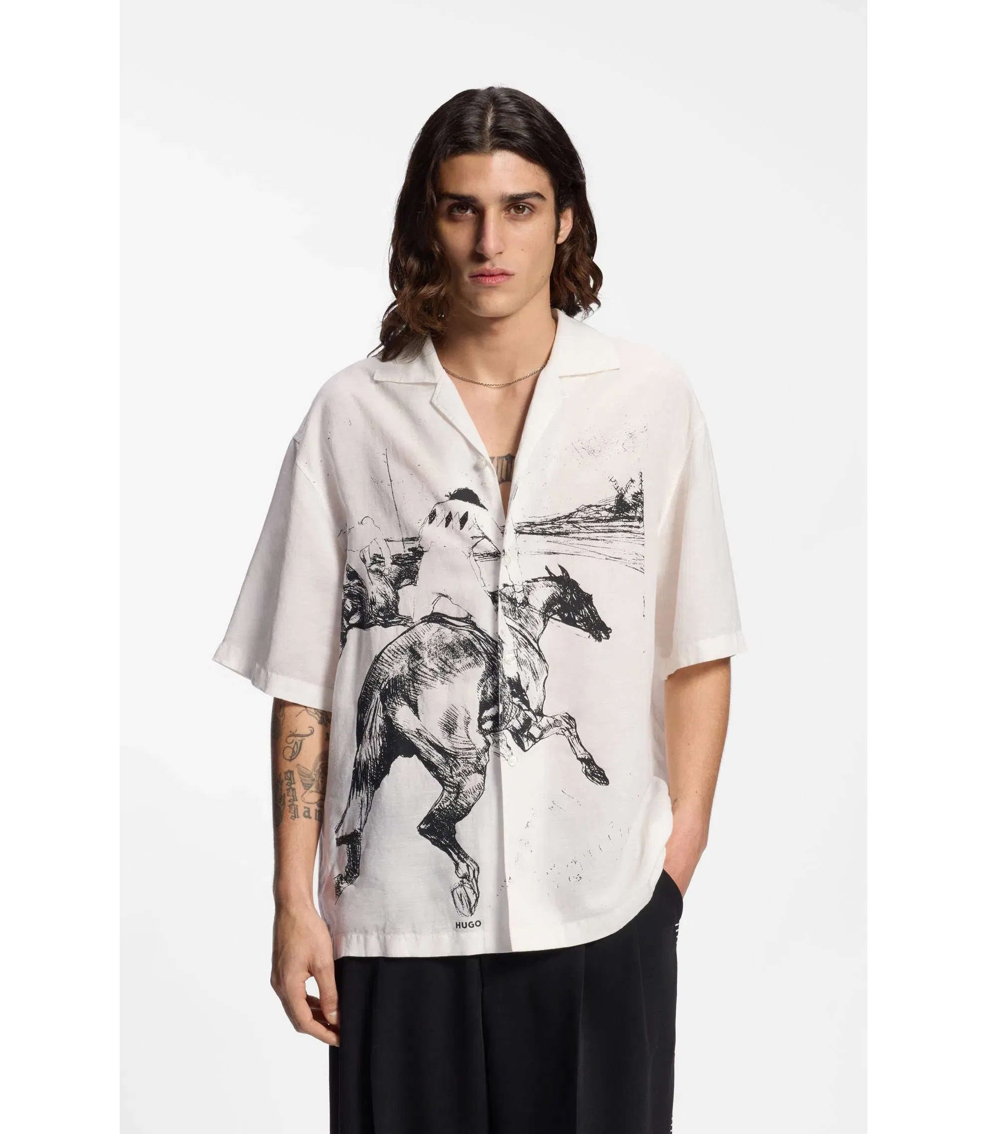 Hugo Oversized Fit Shirt With Horse Racing Print White