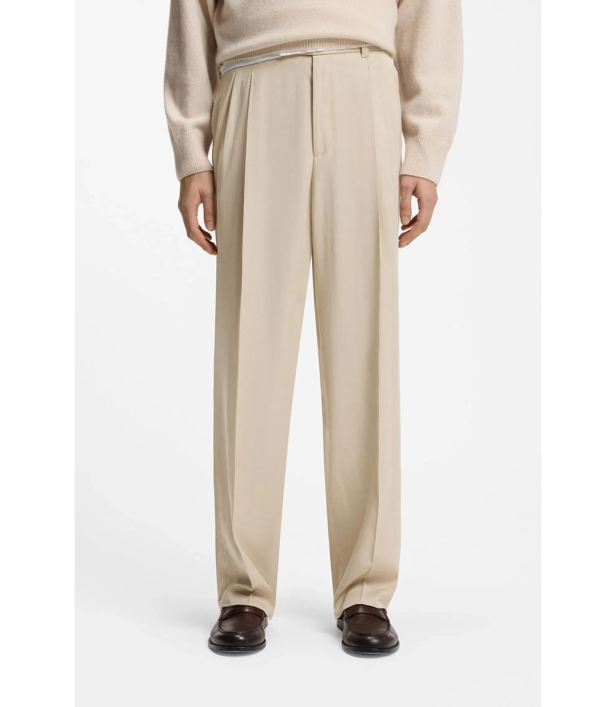 Boss Oversized Fit Trousers In Twill Light Beige