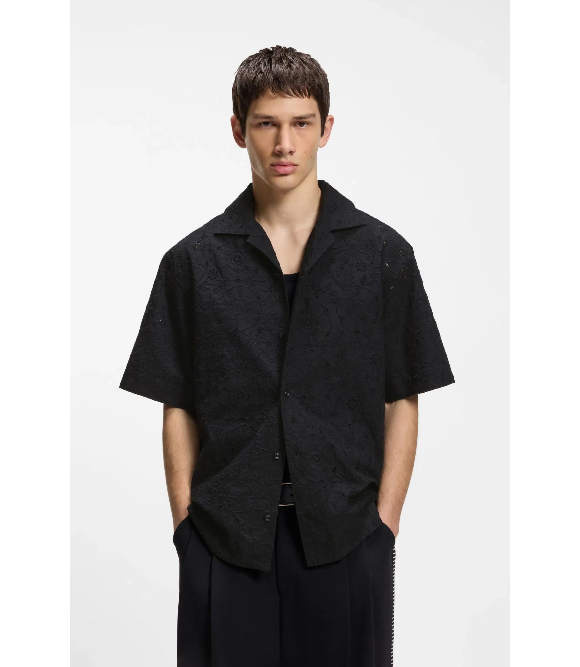 Hugo Oversize Fit Shirt In Broderie Anglaise Cotton Black