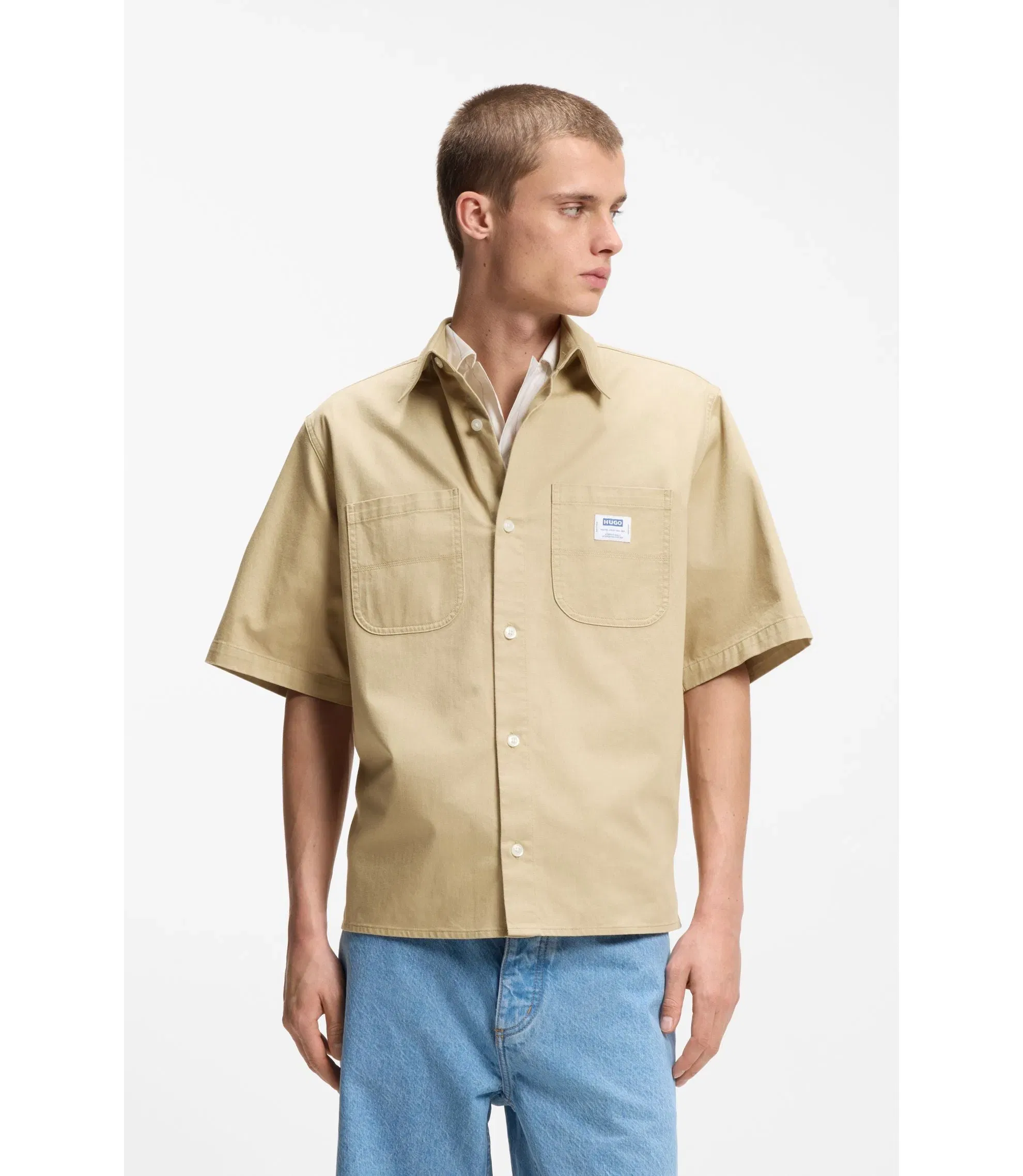 Hugo Oversize Fit Shirt In Slub Cotton With Patch Pockets Beige