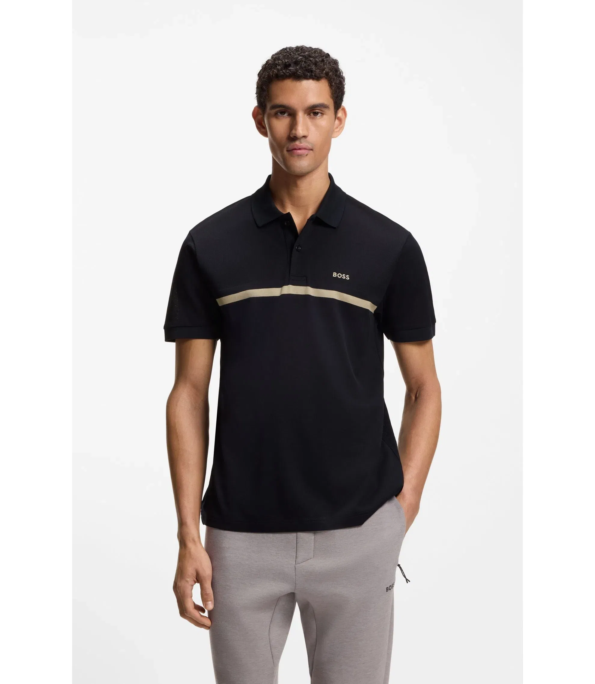 Boss Paddy Polo Shirt With Engineered Stripe Dark Blue