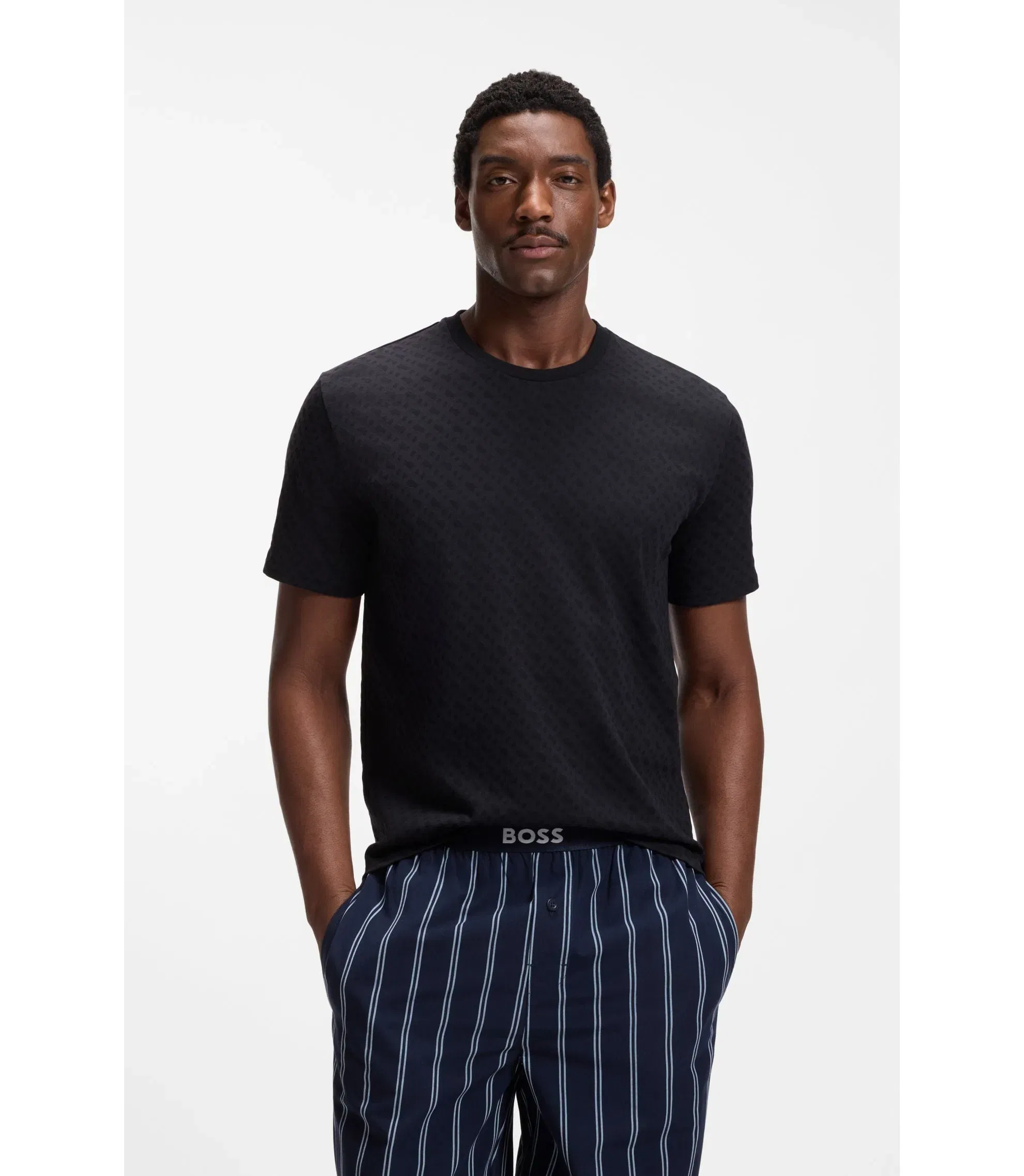 Boss Pajama T-Shirt In Cotton With Printed Branding Dark Blue