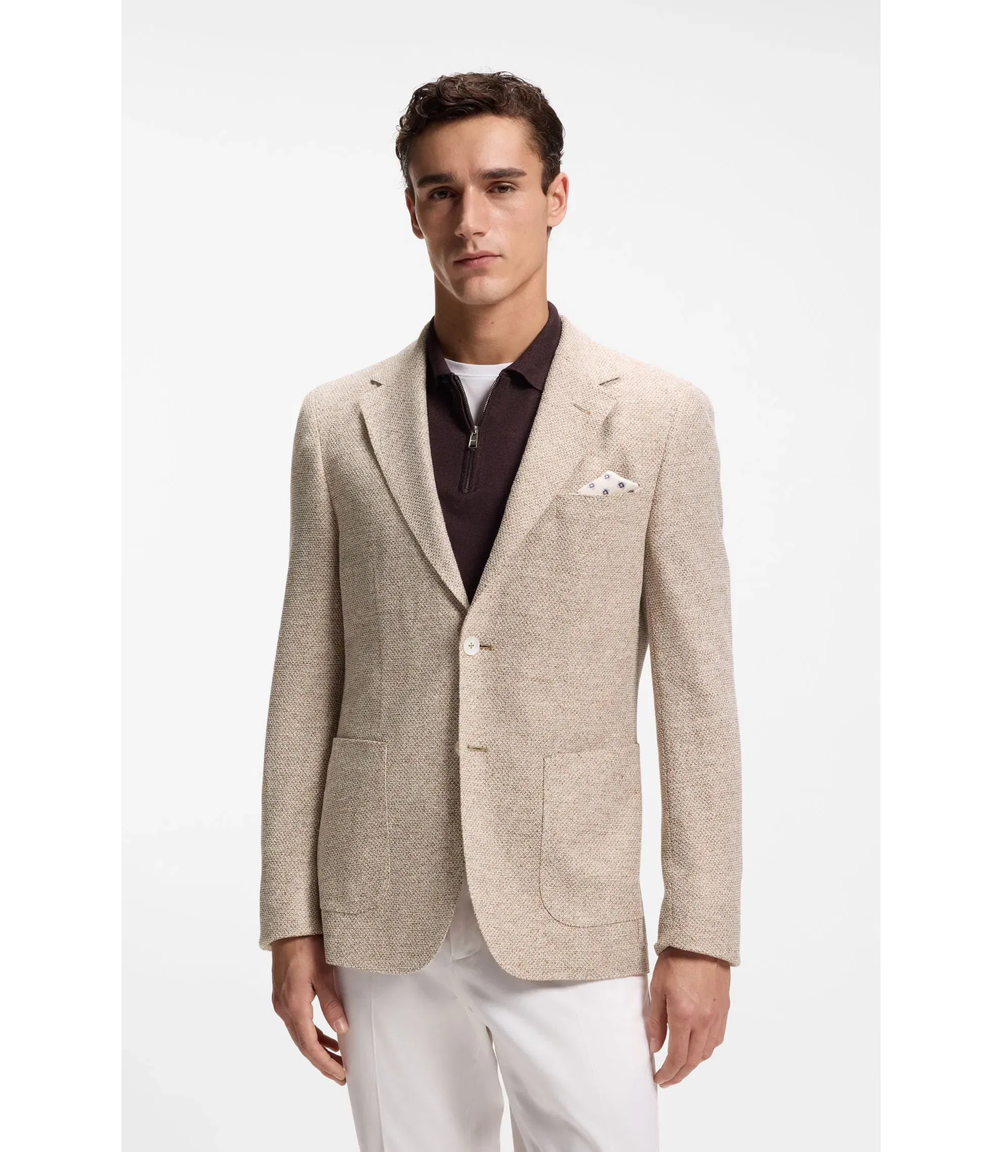 Boss Patterned Regular Fit Jacket In A Linen Blend Beige