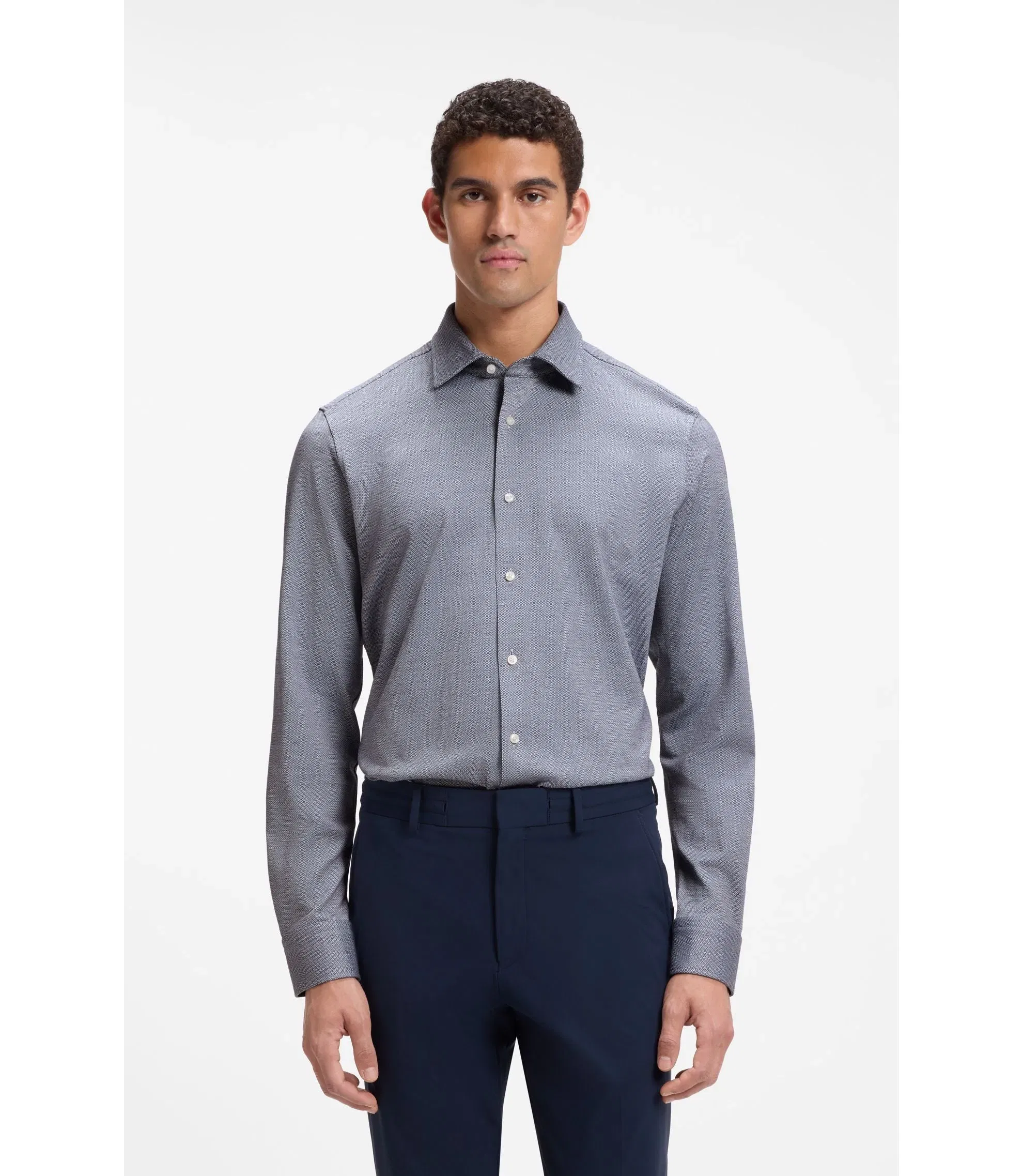 Boss Patterned Regular Fit Shirt In Cotton Jersey Dark Blue