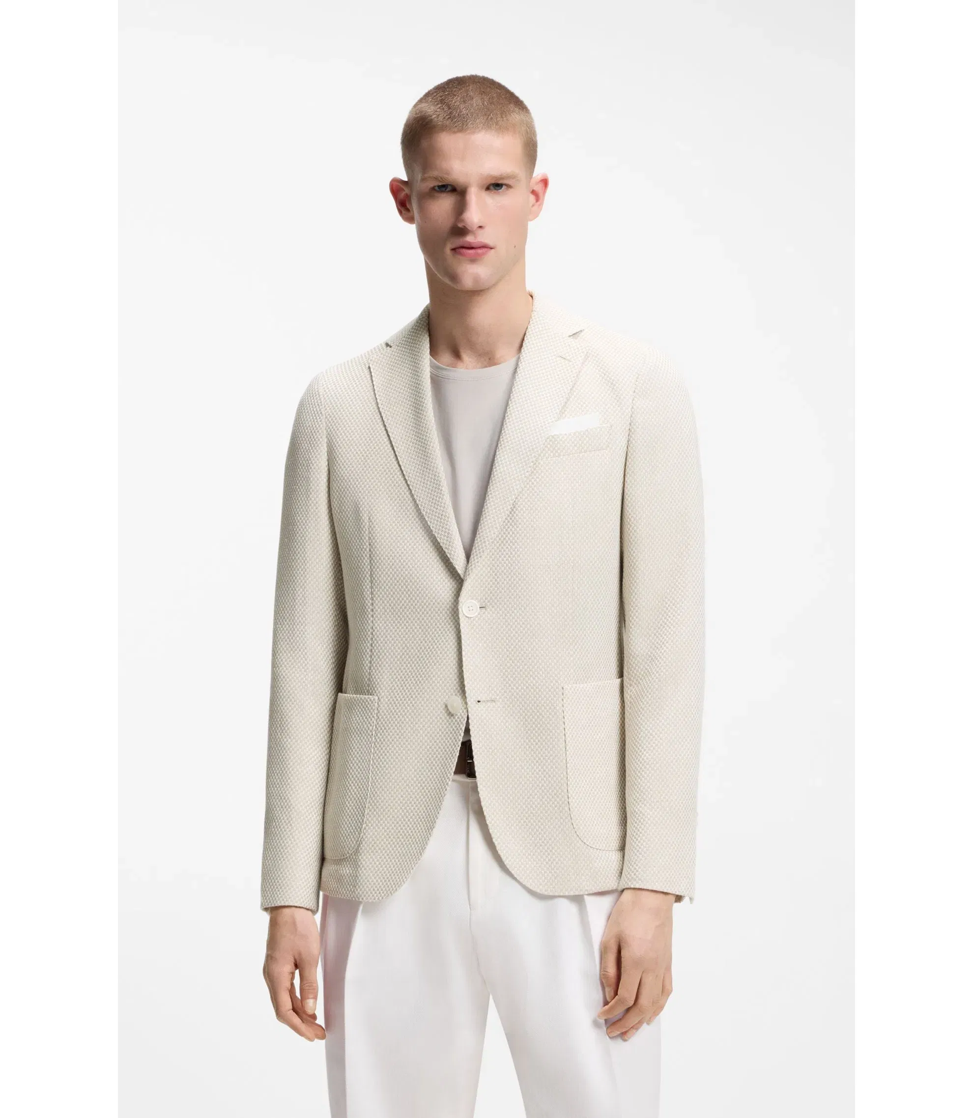Boss Patterned Slim Fit Jacket In A Cotton Blend Light Beige