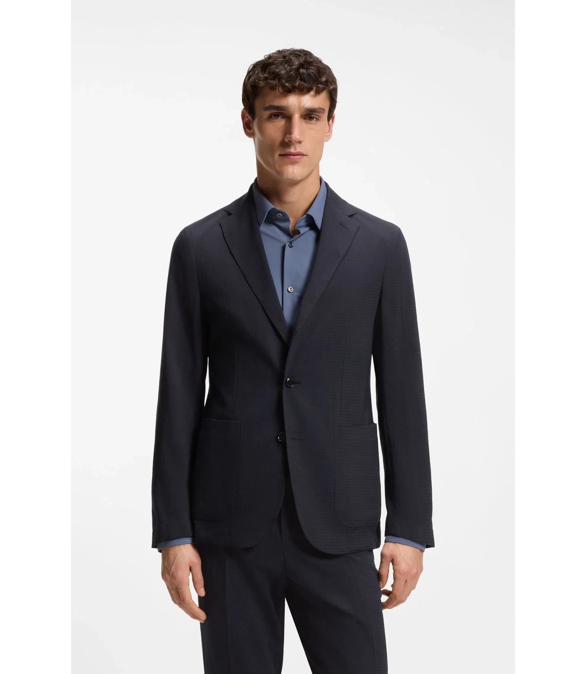 Boss Patterned Slim Fit Jacket In A Wool Blend Dark Blue