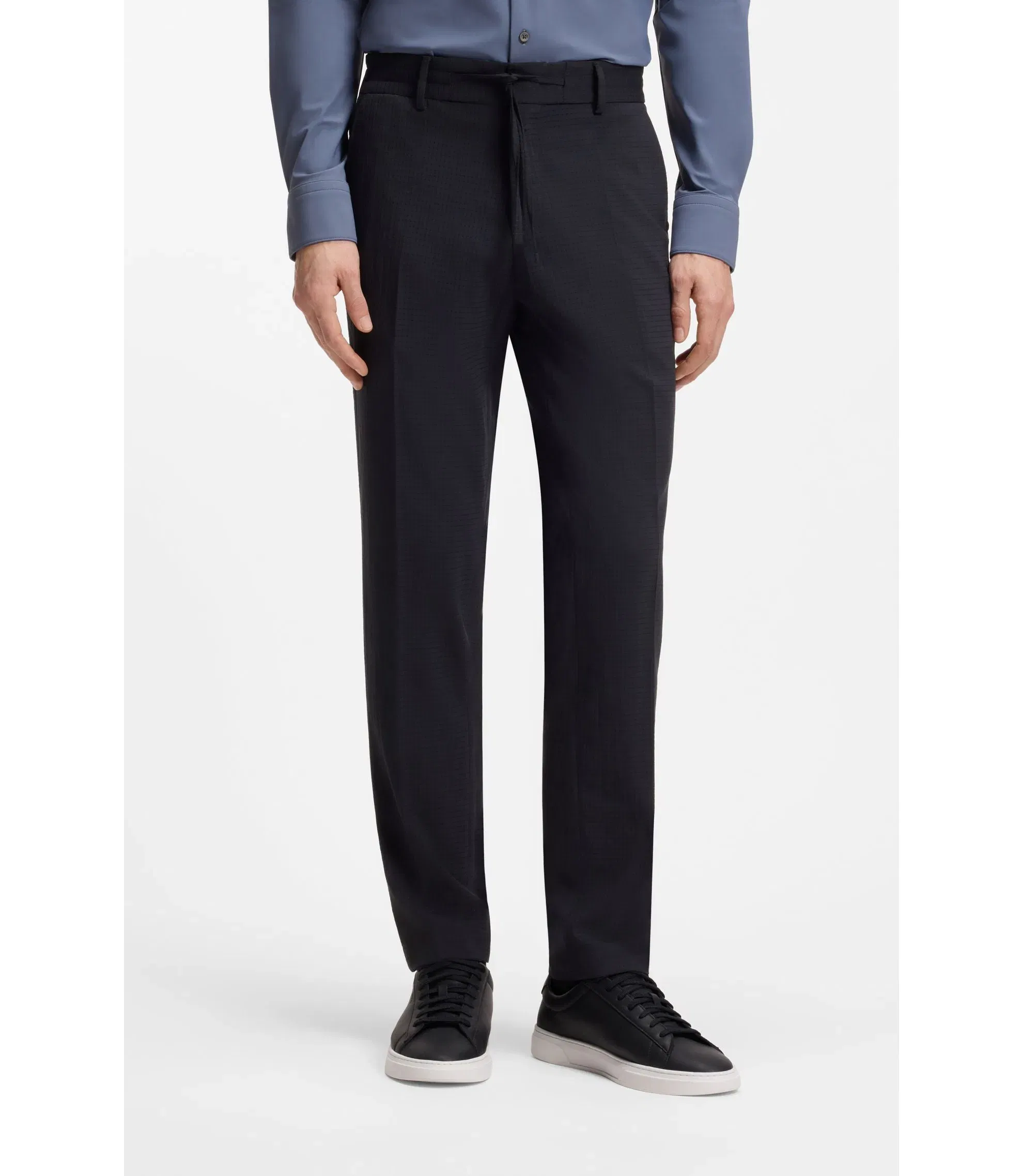 Boss Patterned Slim Fit Trousers In A Wool Blend Dark Blue