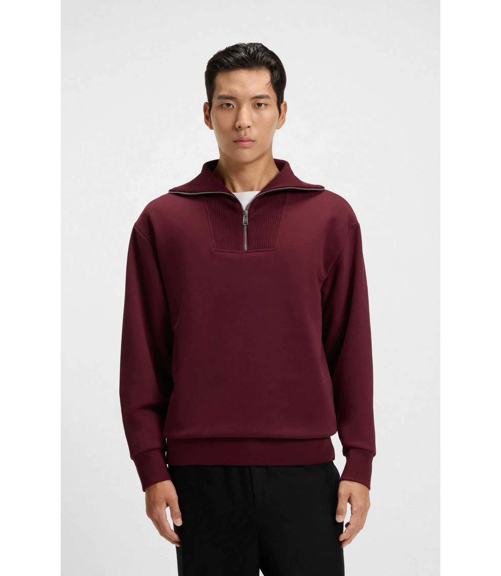 Boss Peached Cotton Sweatshirt With Ribbed Zip Neck Dark Red