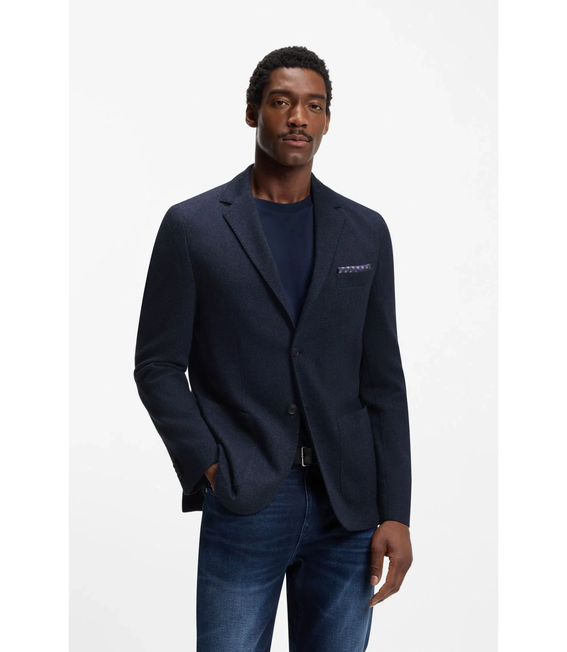 Boss Herringbone Regular Fit Jacket In A Cotton Blend Dark Blue