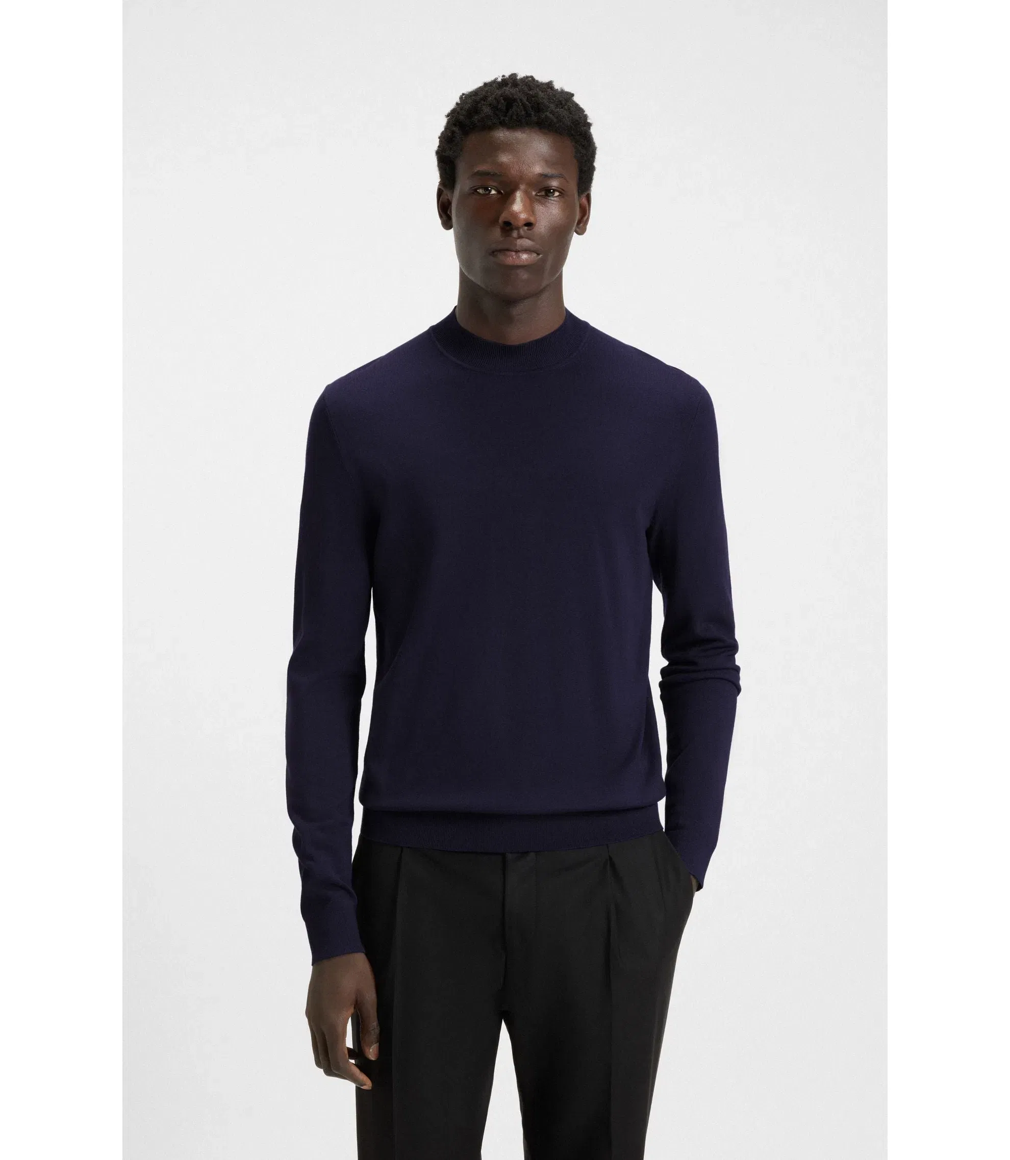 Hugo High Neck Sweater In A Slim Fit Dark Blue