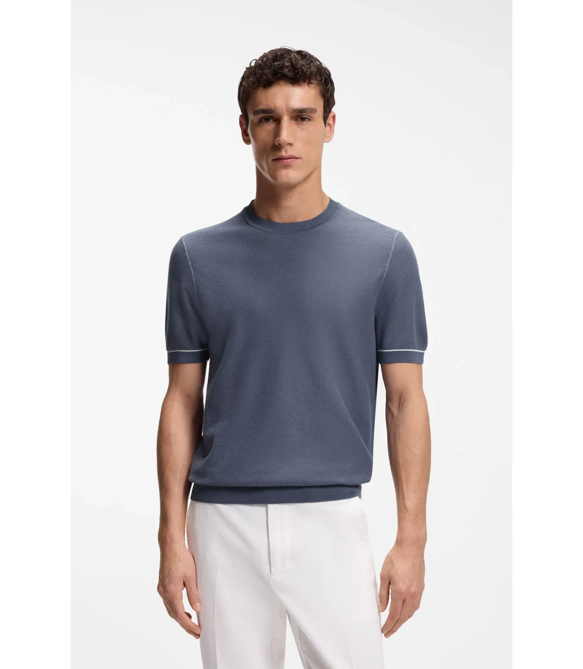 Boss Horizontal Stripe Sweater In A Cotton Blend Light Blue