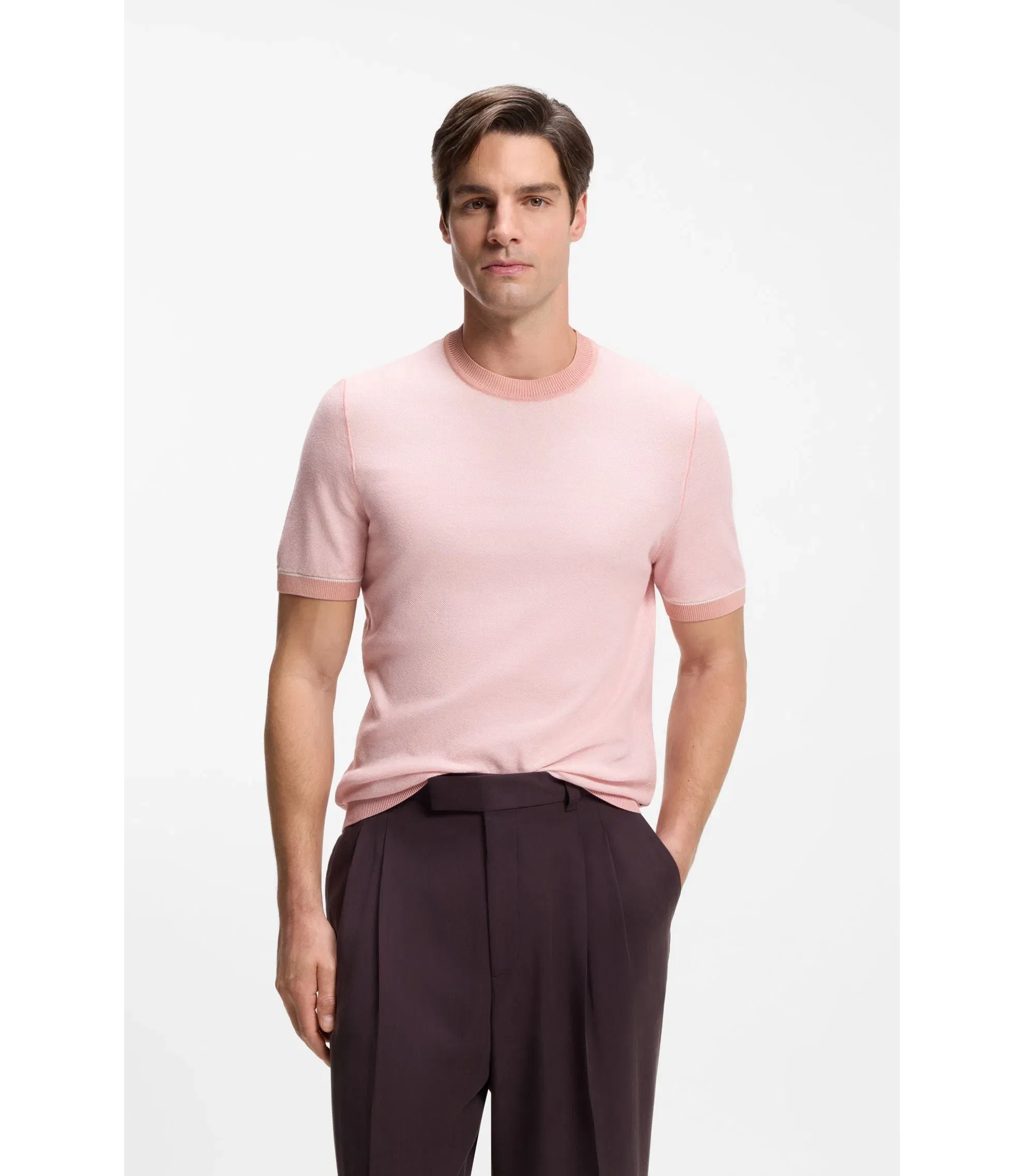 Boss Horizontal Stripe Sweater In A Cotton Blend Light Pink