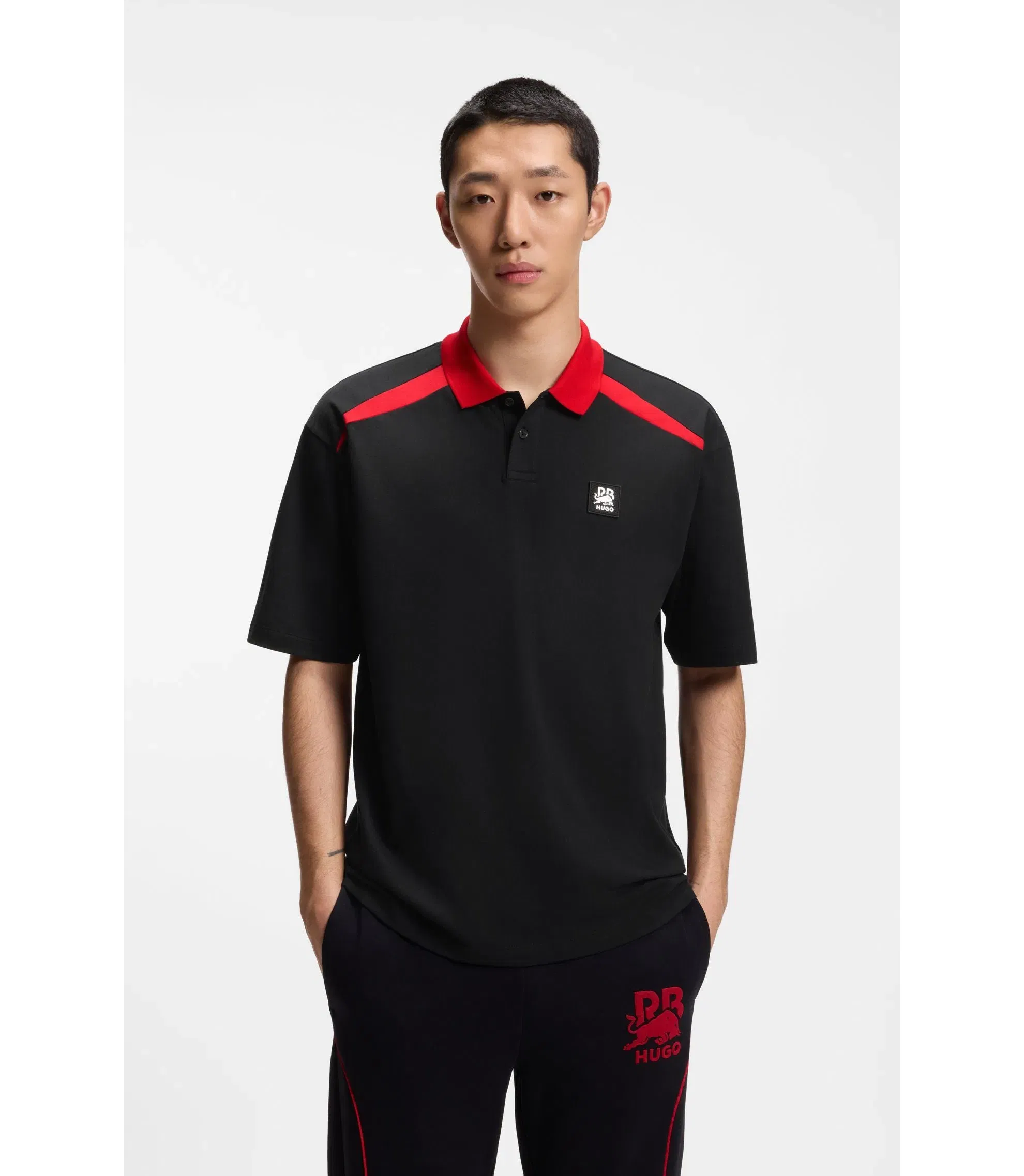 Hugo x Rb Stretch Cotton Polo Shirt With Bull Motif Black