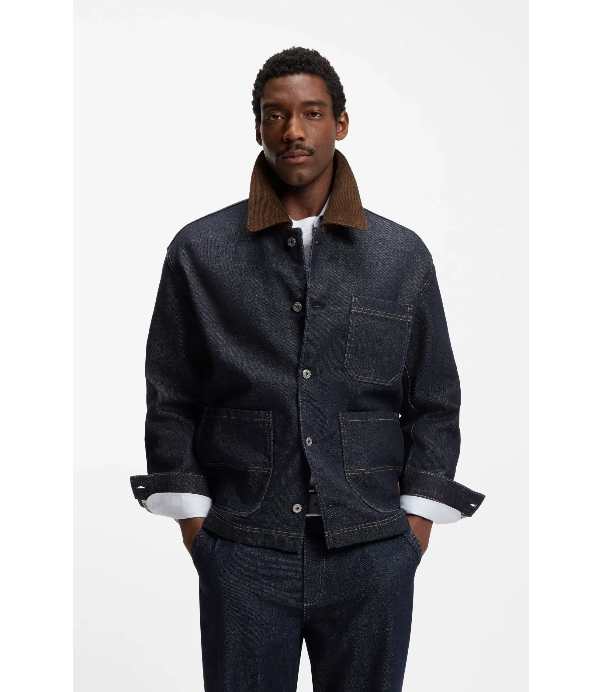 Boss Indigo Denim Jacket With Contrast Collar Dark Blue