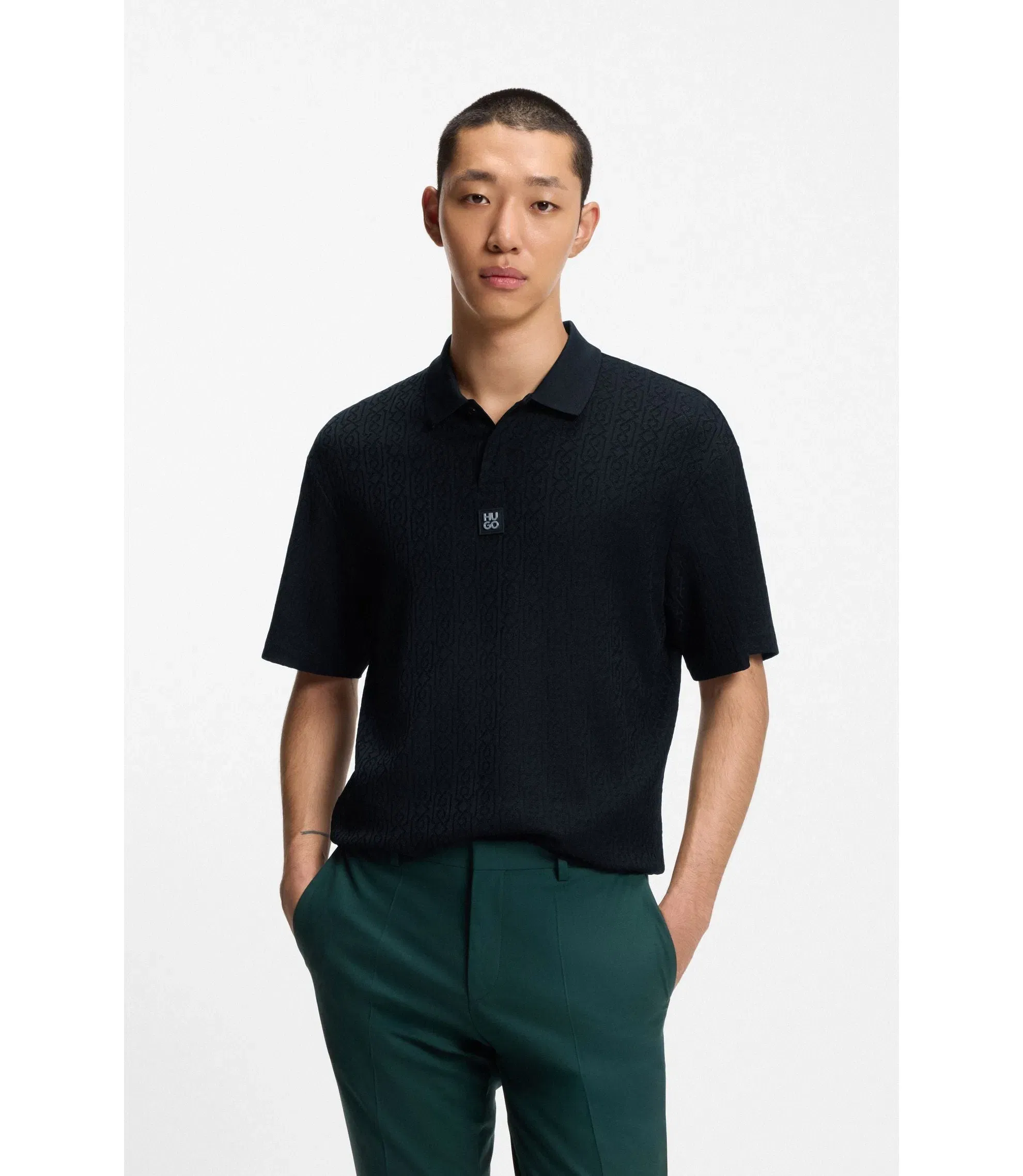Hugo Jacquard Pattern Polo Shirt In A Relaxed Fit Black