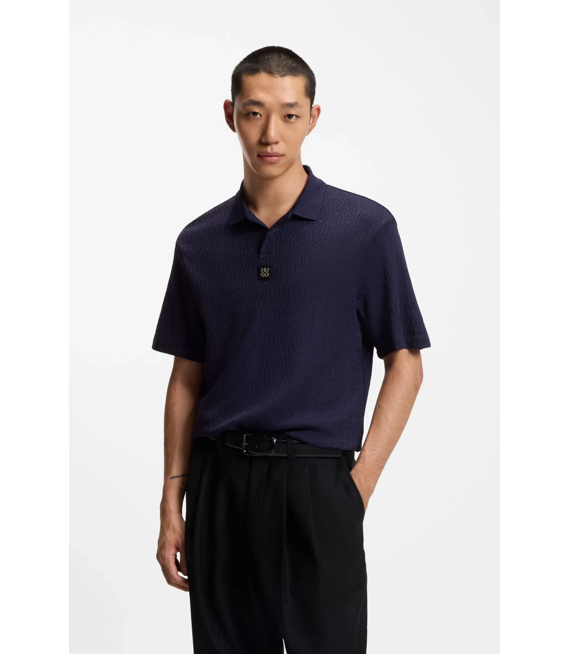 Hugo Jacquard Pattern Polo Shirt In A Relaxed Fit Dark Blue