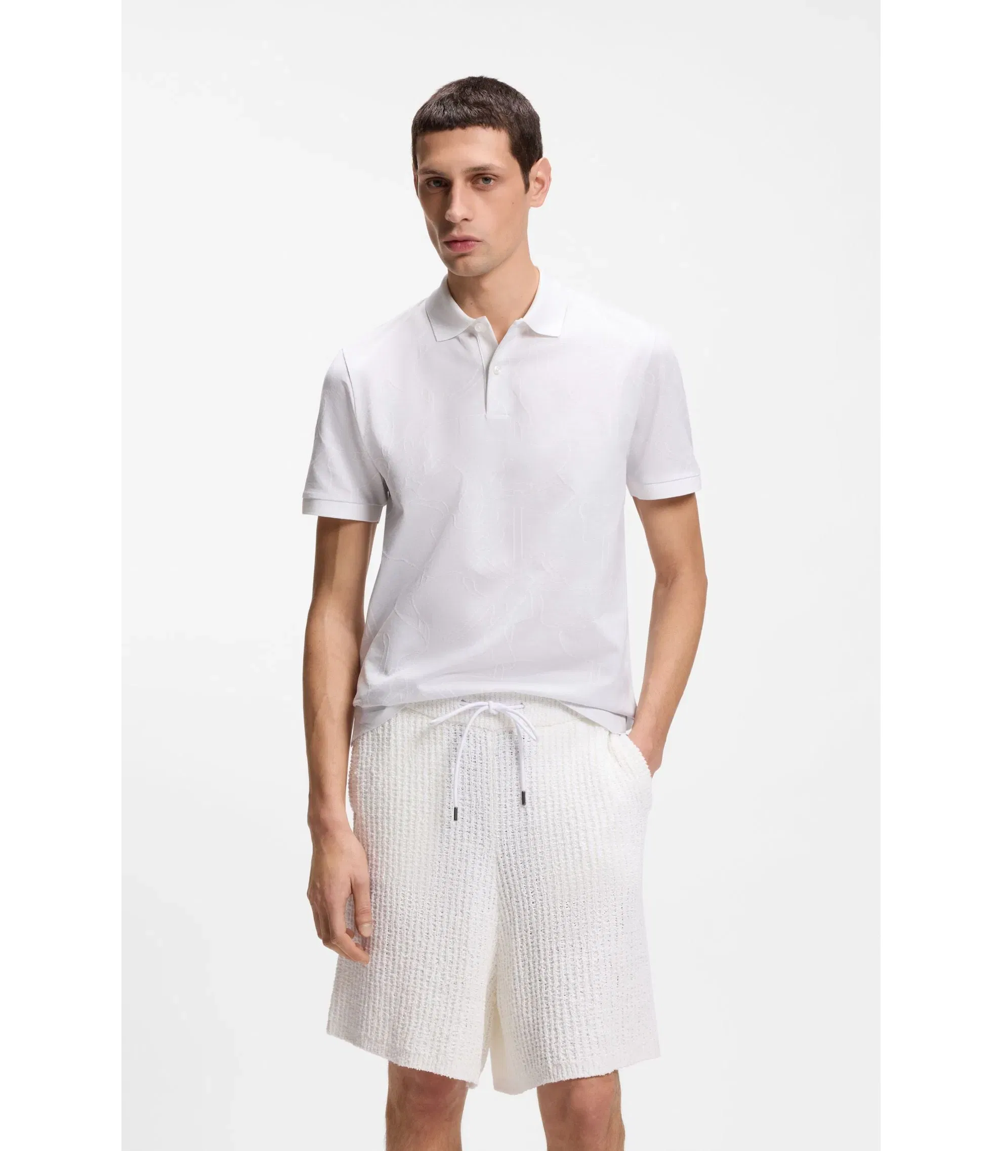 Boss Jacquard Pattern Polo Shirt In Cotton White