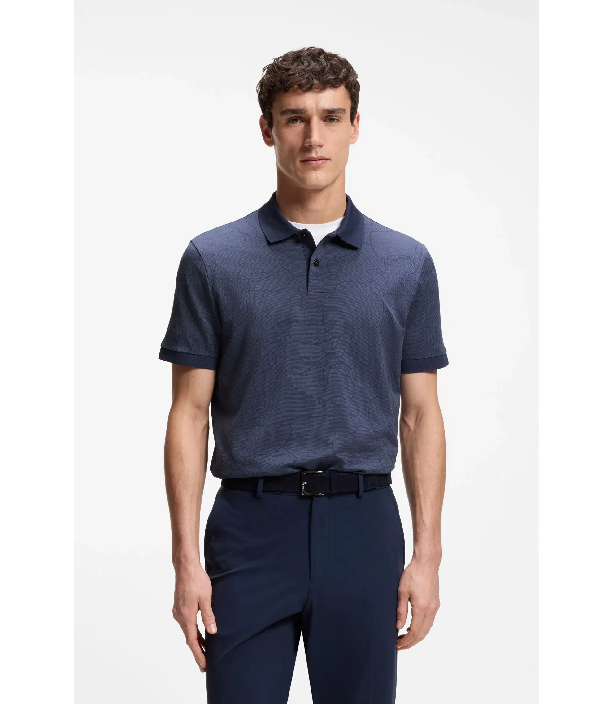 Boss Jacquard Pattern Polo Shirt In Cotton Light Blue