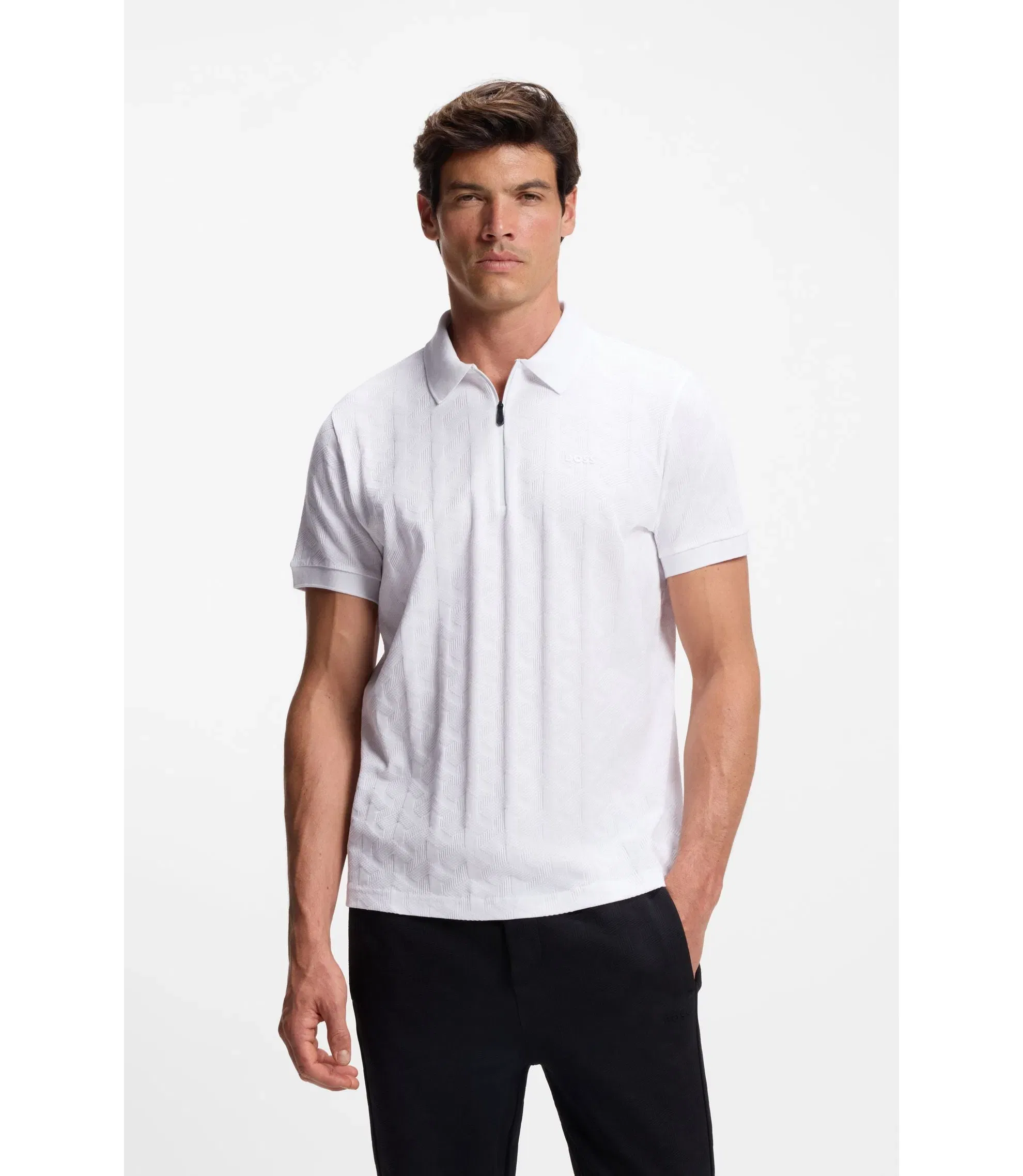 Boss Jacquard Pattern Polo Shirt In Mercerised Cotton White
