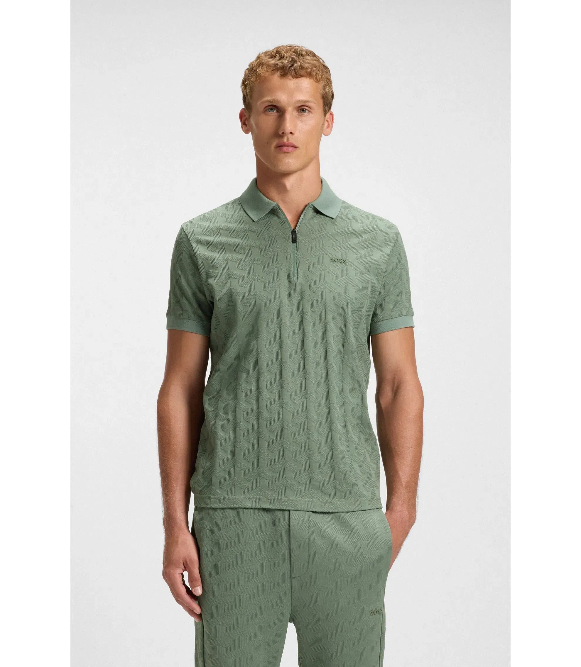 Boss Jacquard Pattern Polo Shirt In Mercerised Cotton Light Green