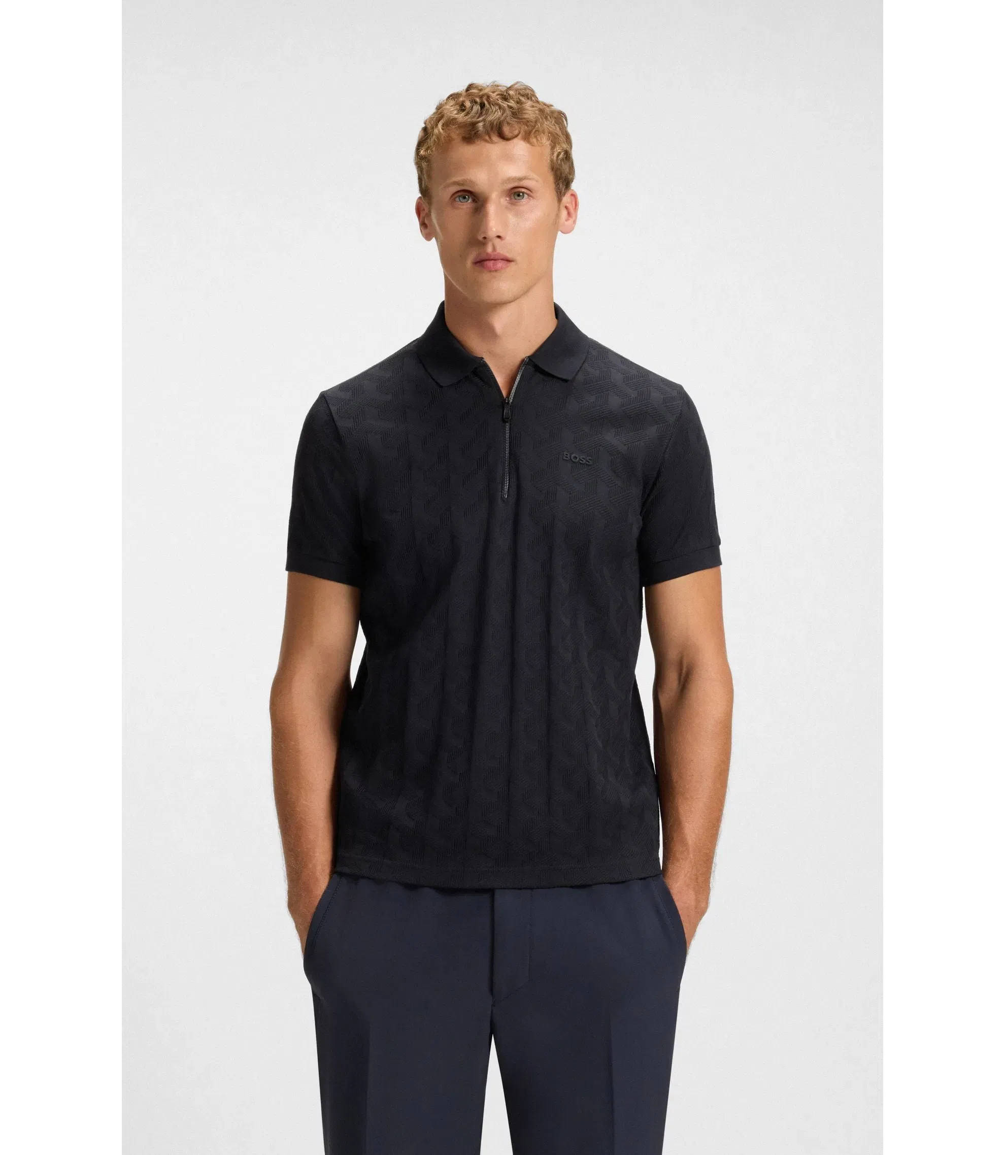 Boss Jacquard Pattern Polo Shirt In Mercerised Cotton Dark Blue