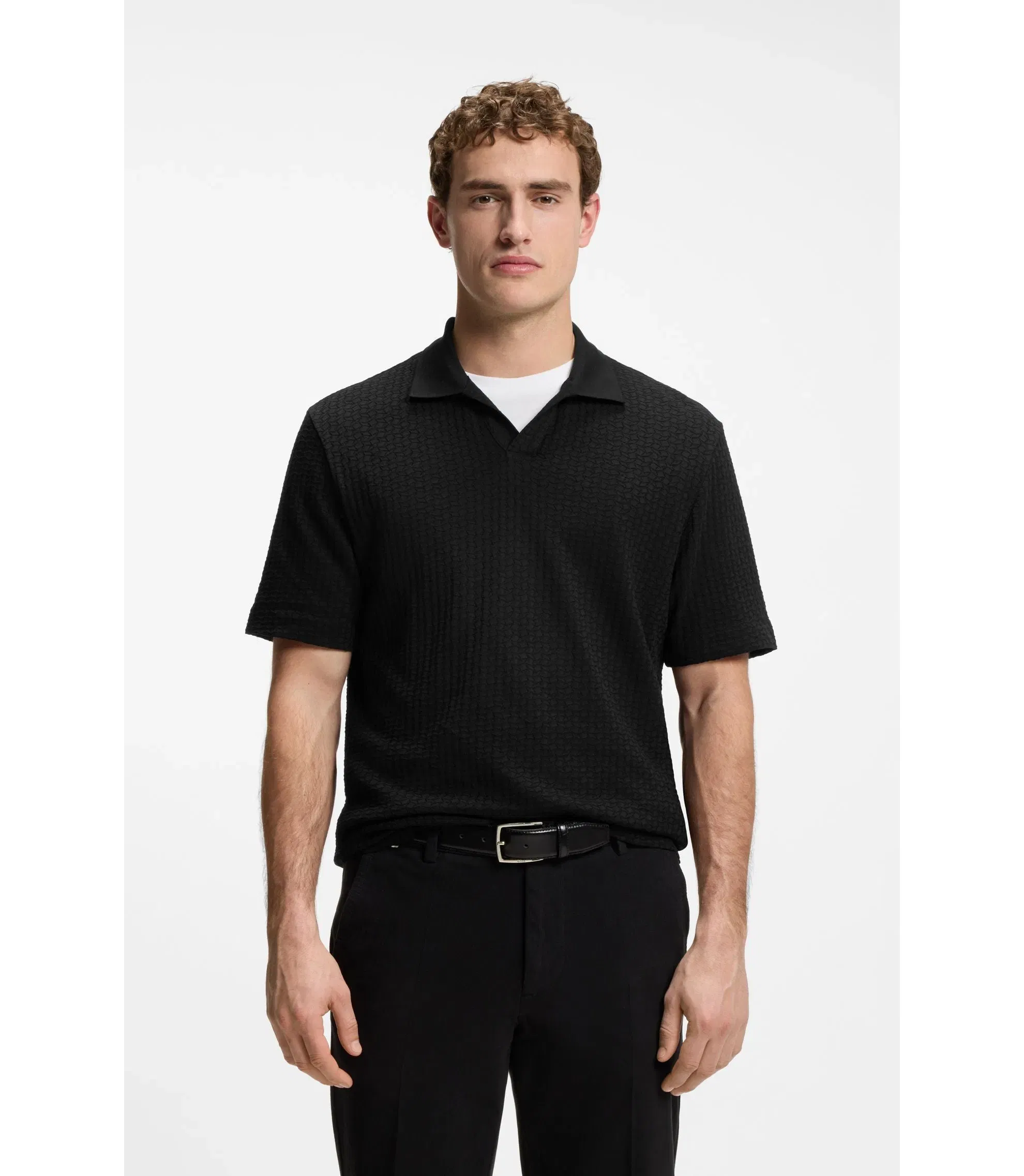Boss Jacquard Pattern Polo Shirt With Johnny Collar Black