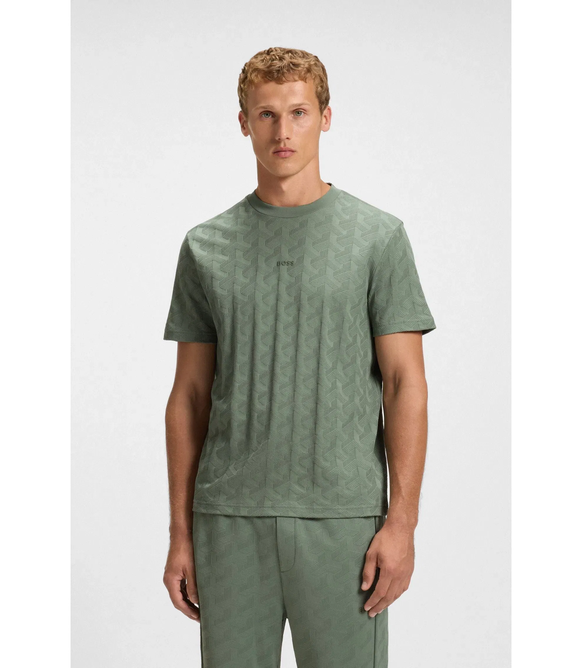 Boss Jacquard Pattern T-Shirt In Cotton Light Green