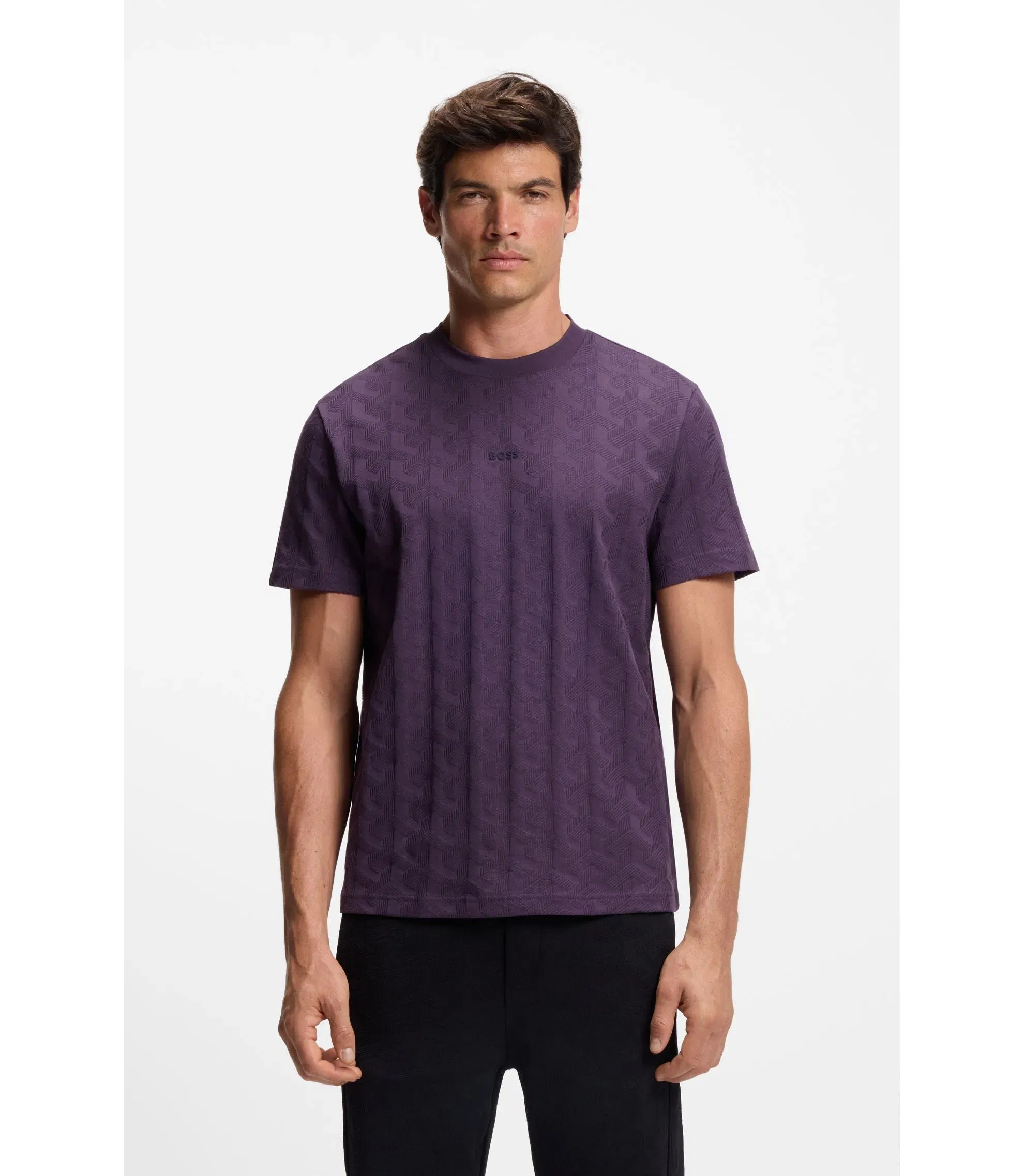 Boss Jacquard Pattern T-Shirt In Cotton Purple