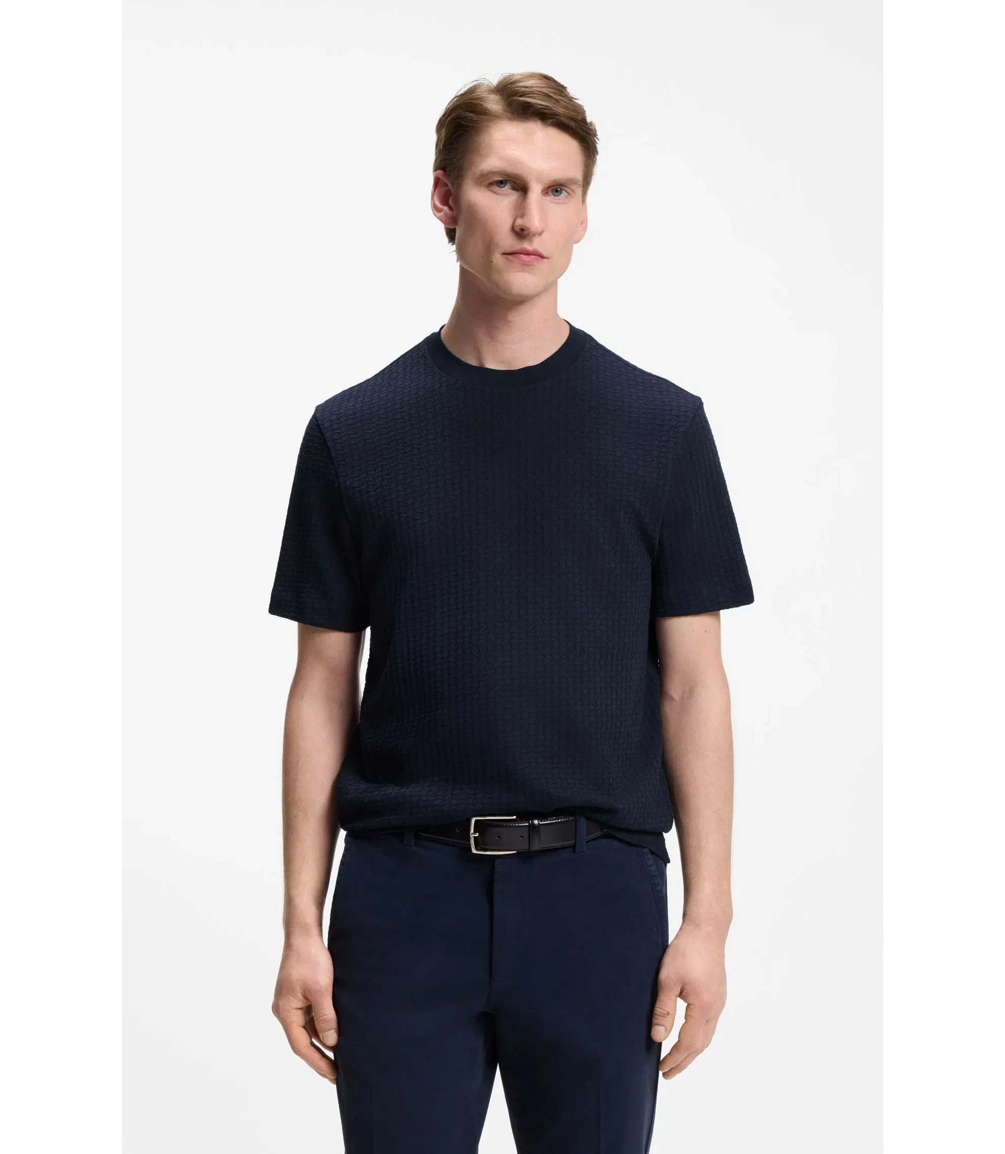 Boss Jacquard Pattern T-Shirt In Cotton Dark Blue