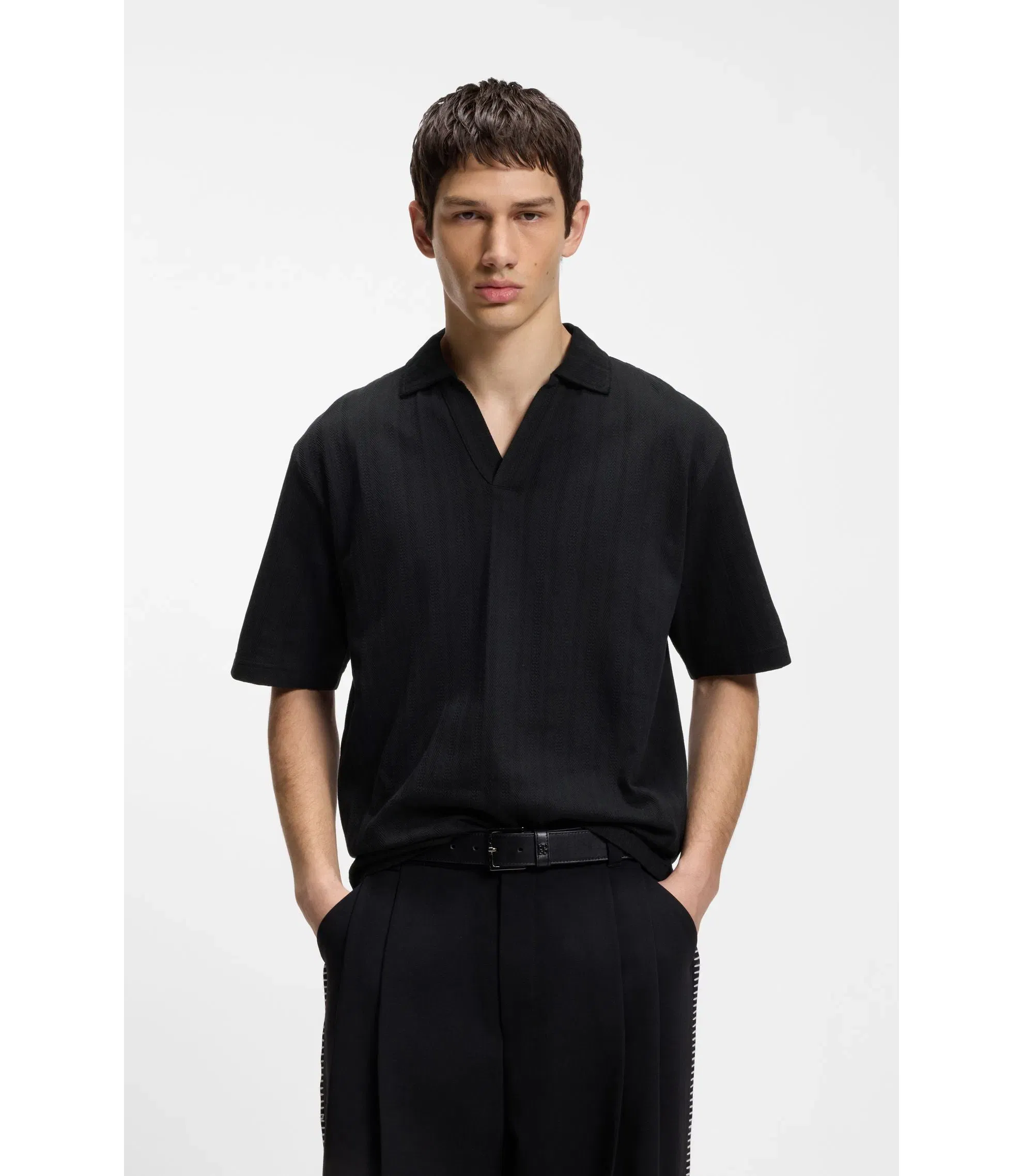 Hugo Jacquard Stripe Polo Shirt With Johnny Collar Black