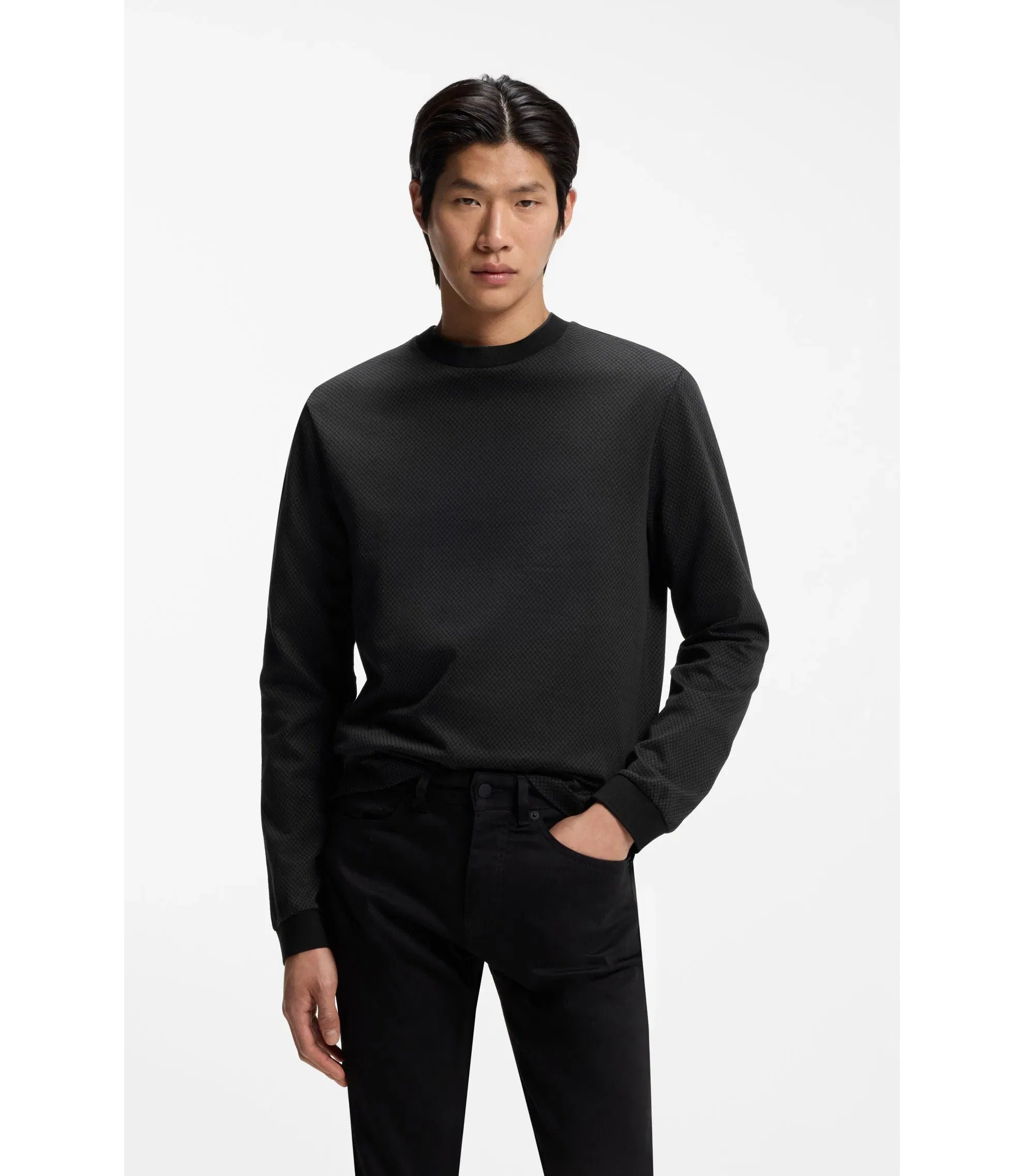 Boss Jacquard Structure T-Shirt In Mercerised Cotton Black