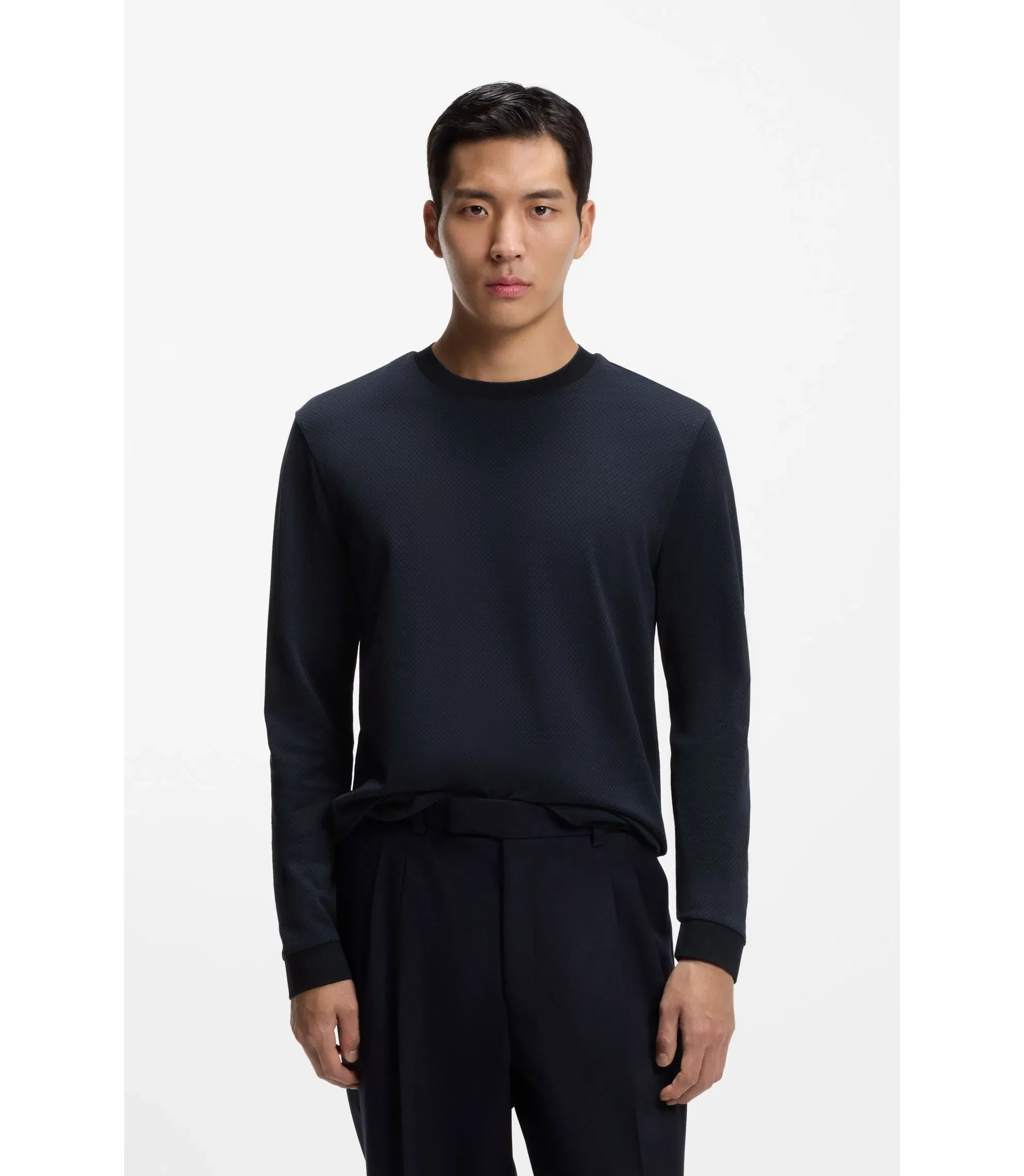 Boss Jacquard Structure T-Shirt In Mercerised Cotton Dark Blue