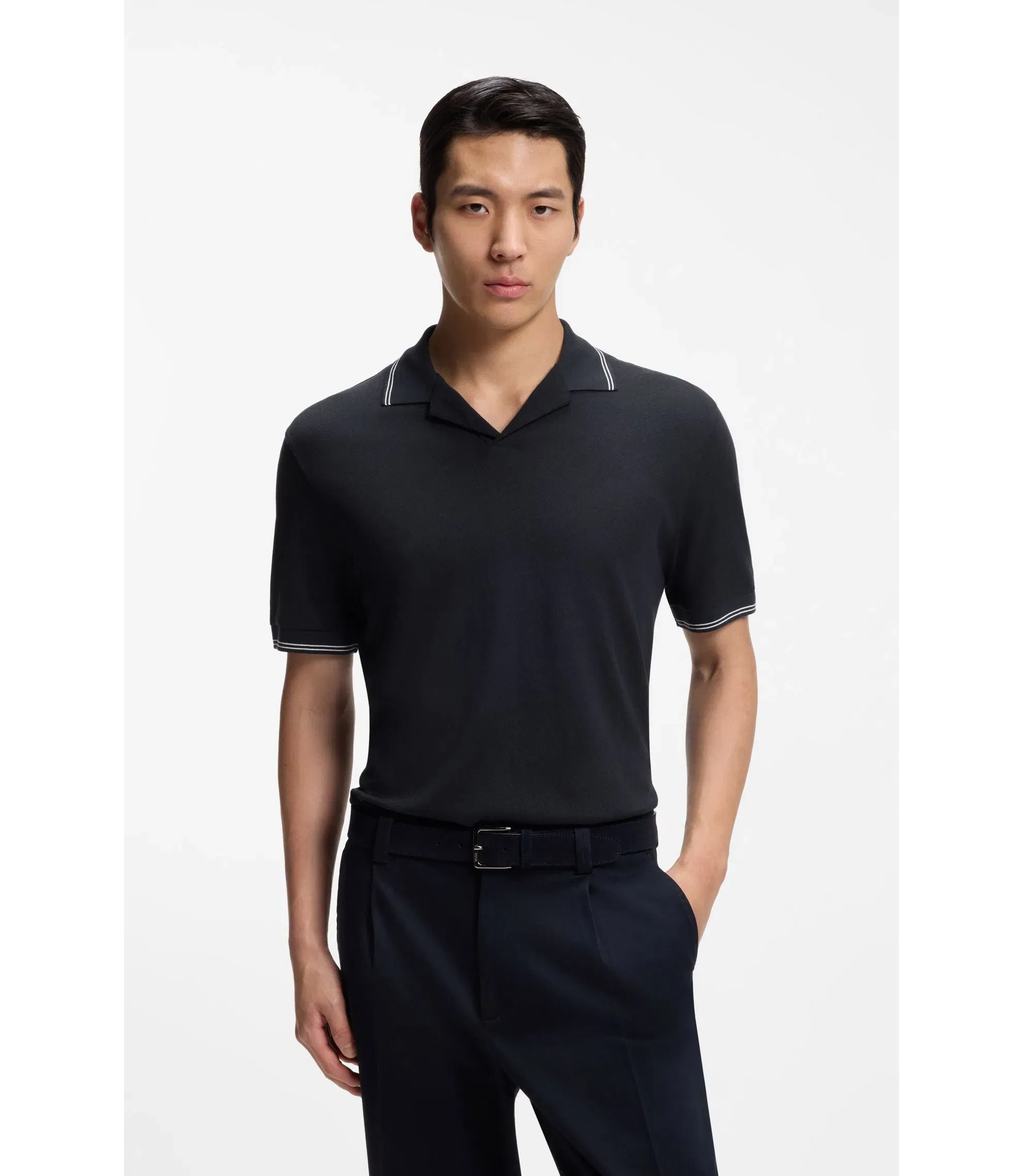 Boss Johnny Collar Polo Shirt In Cotton And Linen Dark Blue