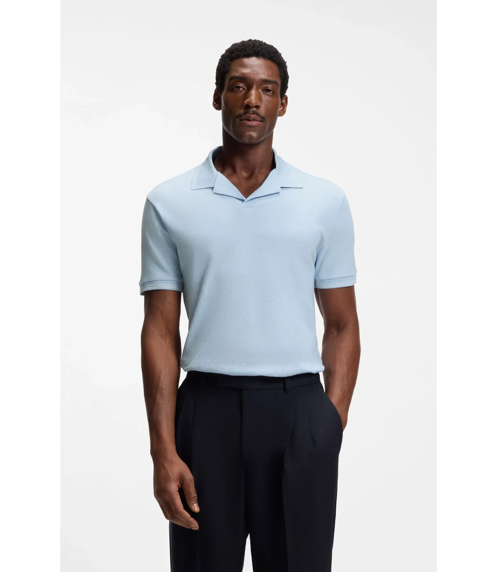 Boss Johnny Collar Polo Shirt In Cotton And Linen Light Blue
