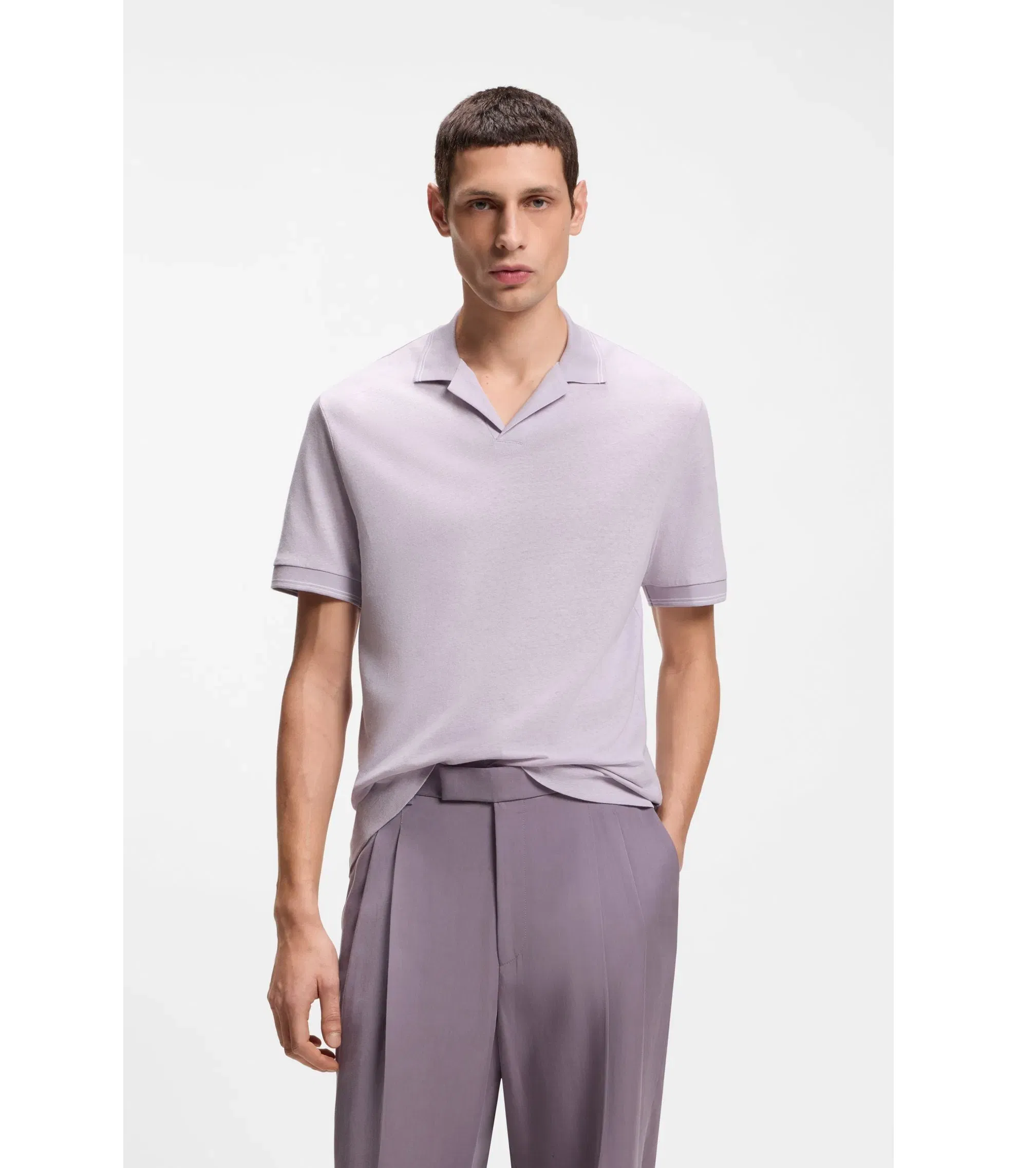 Boss Johnny Collar Polo Shirt In Cotton And Linen Light Purple