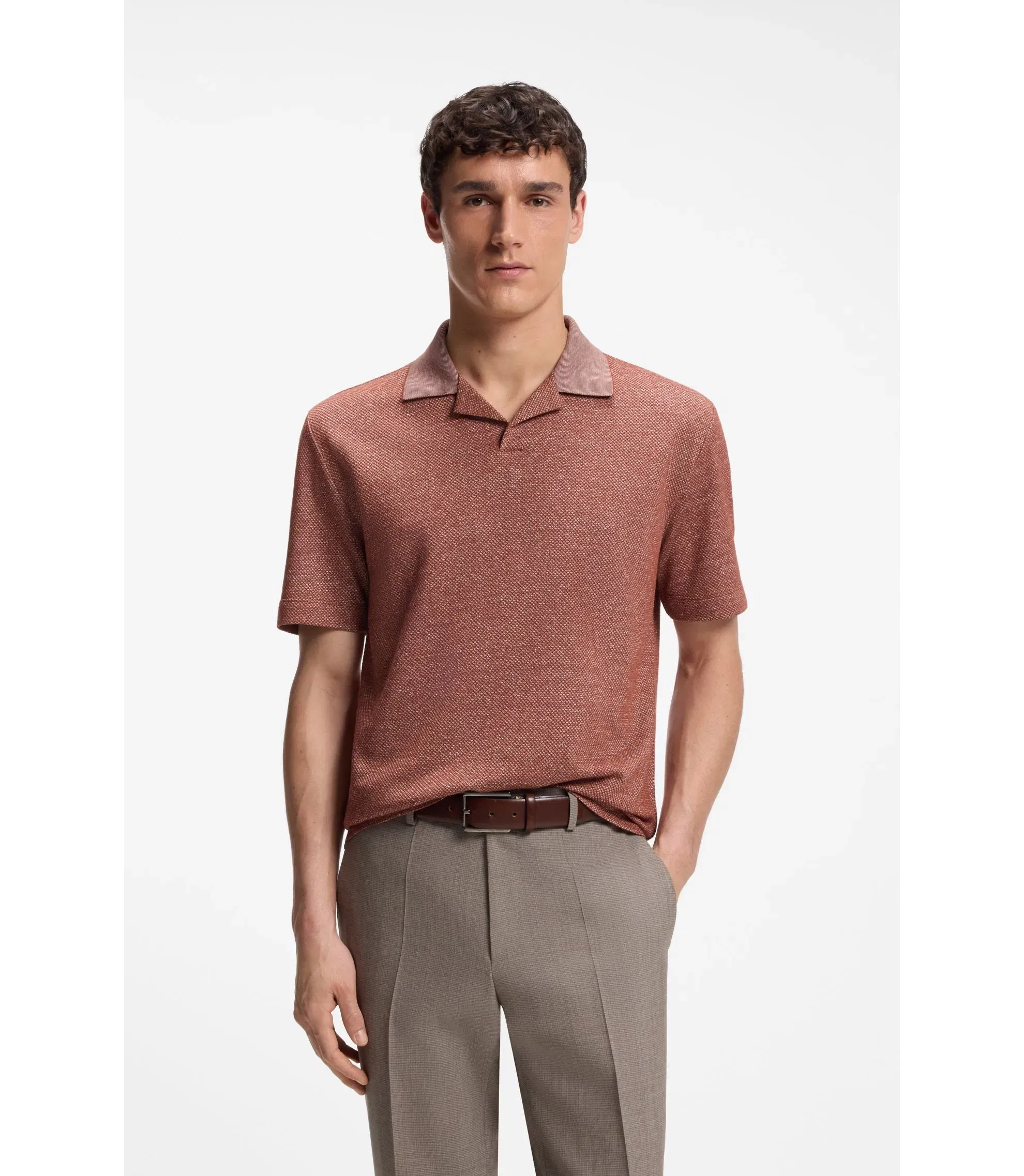 Boss Johnny Collar Polo Shirt In Cotton Linen And Silk Brown