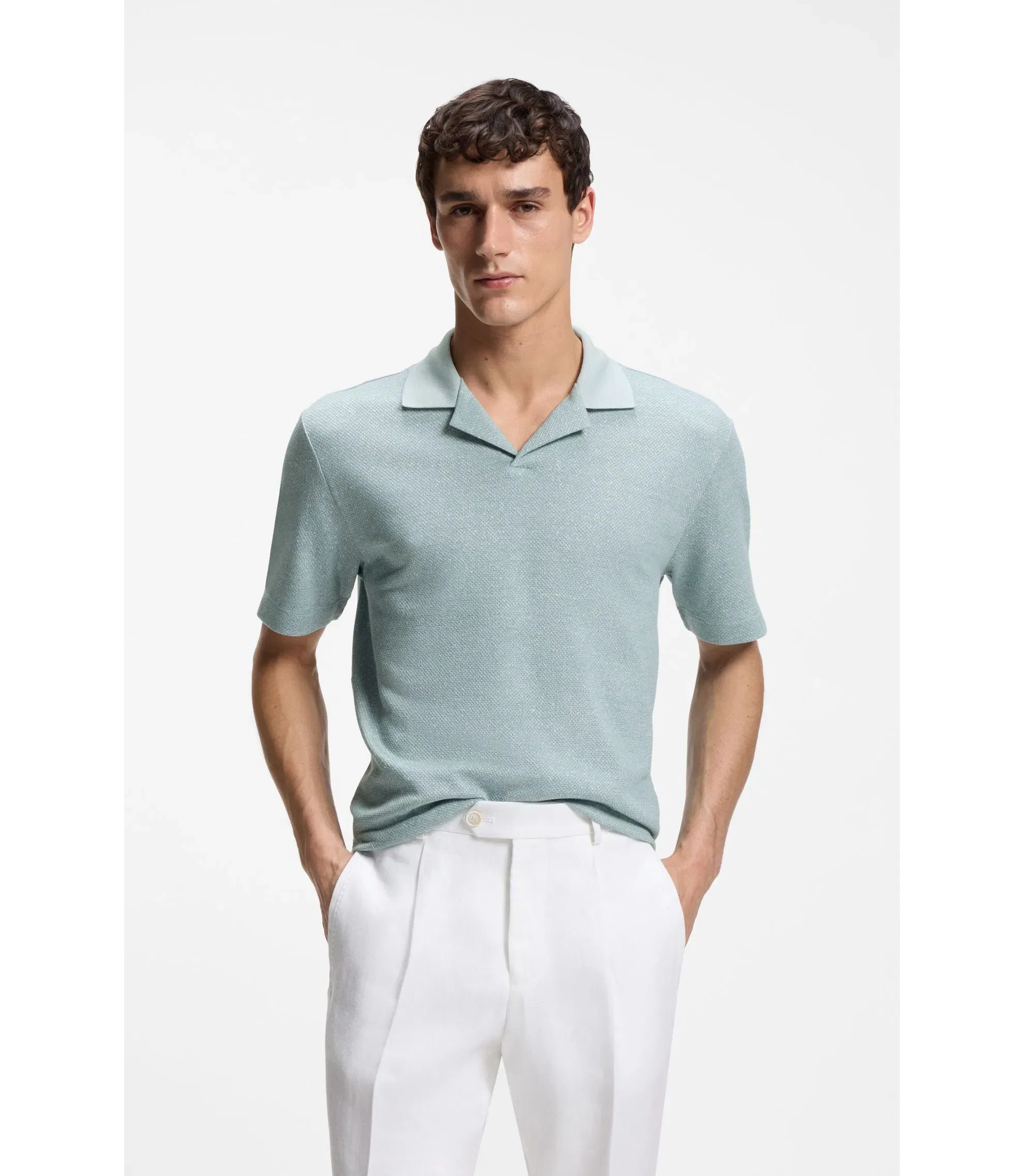 Boss Johnny Collar Polo Shirt In Cotton Linen And Silk Light Blue