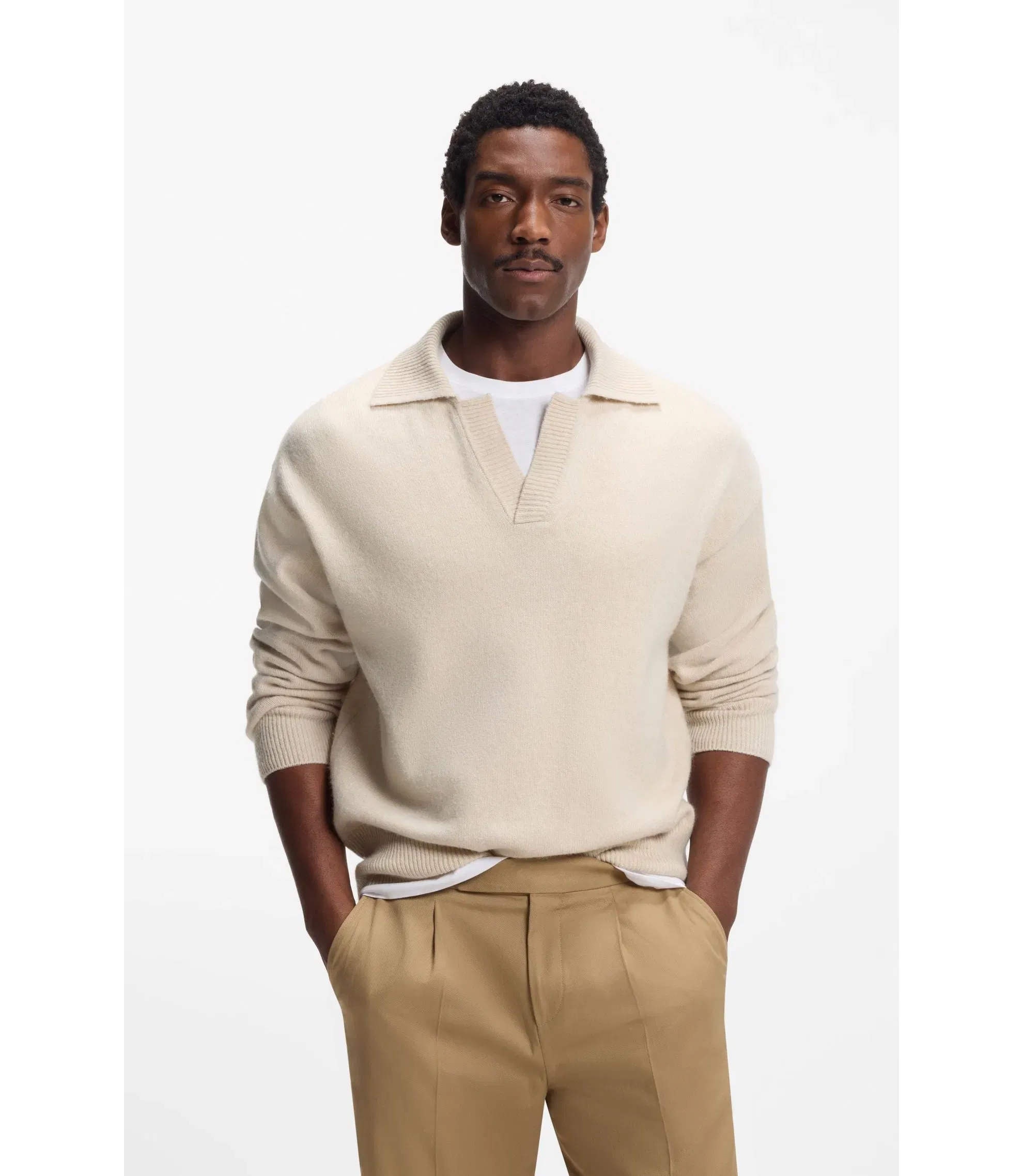 Boss Johnny Collar Sweater In Virgin Wool White