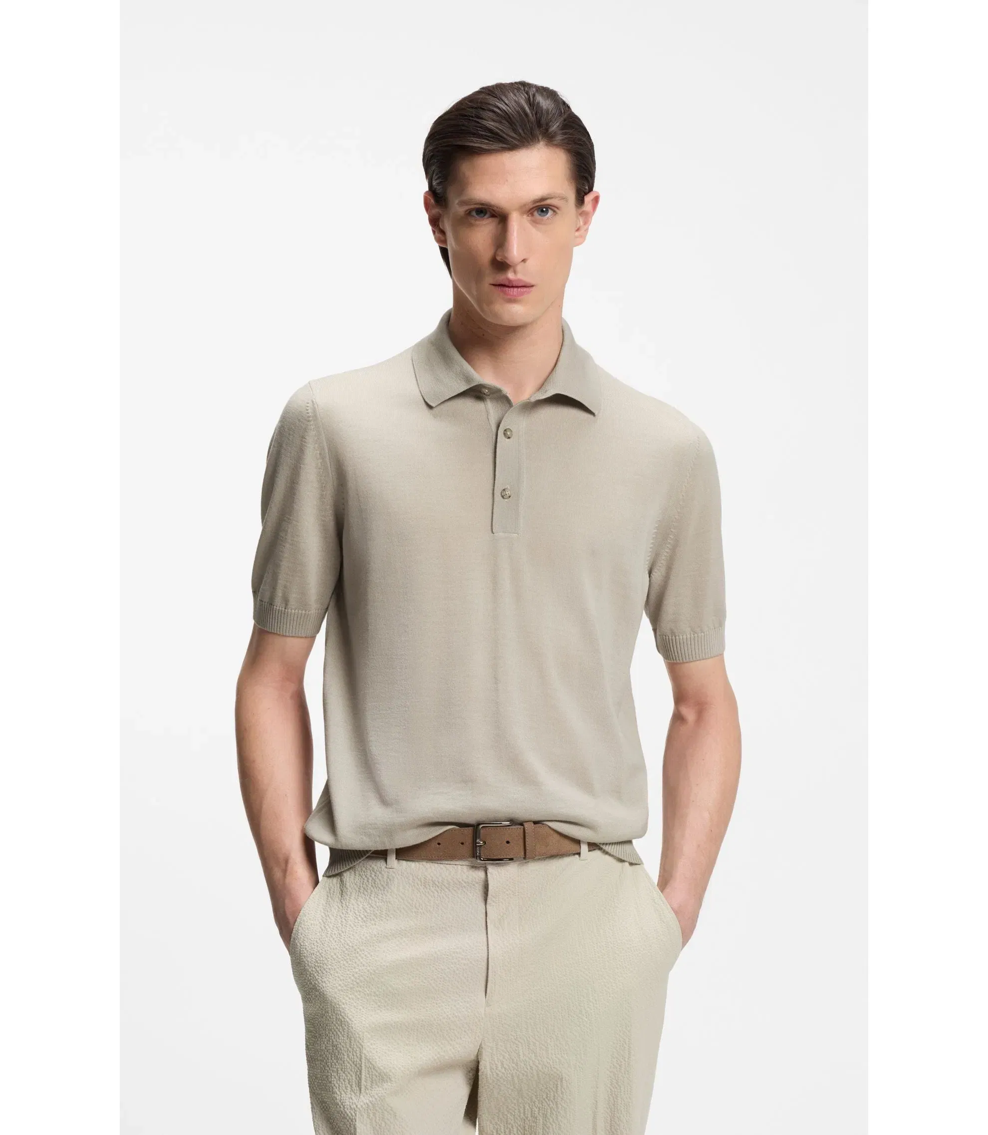 Boss Knit Polo In Virgin Wool Light Beige