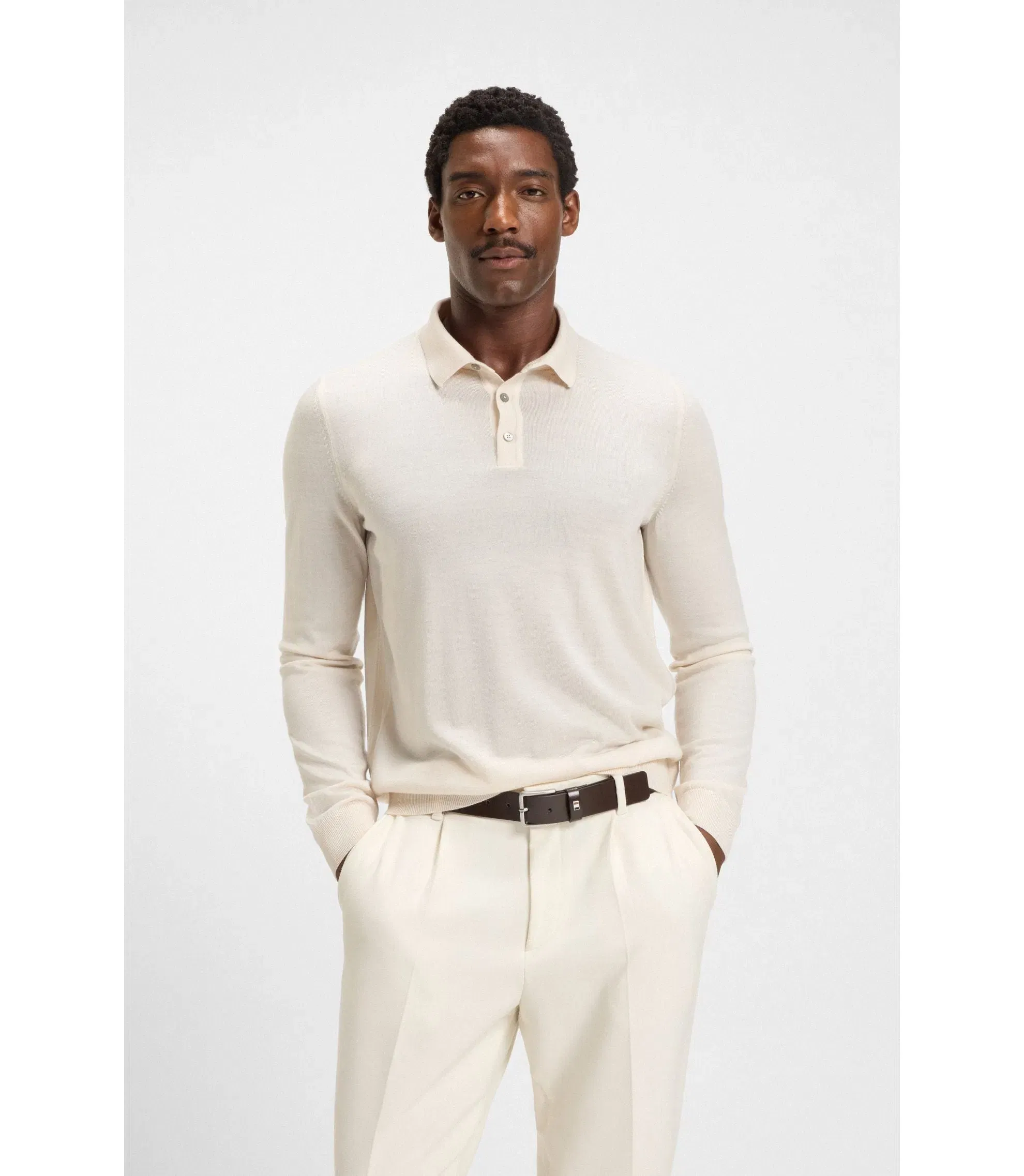 Boss Knitted Polo Sweater In Virgin Wool White