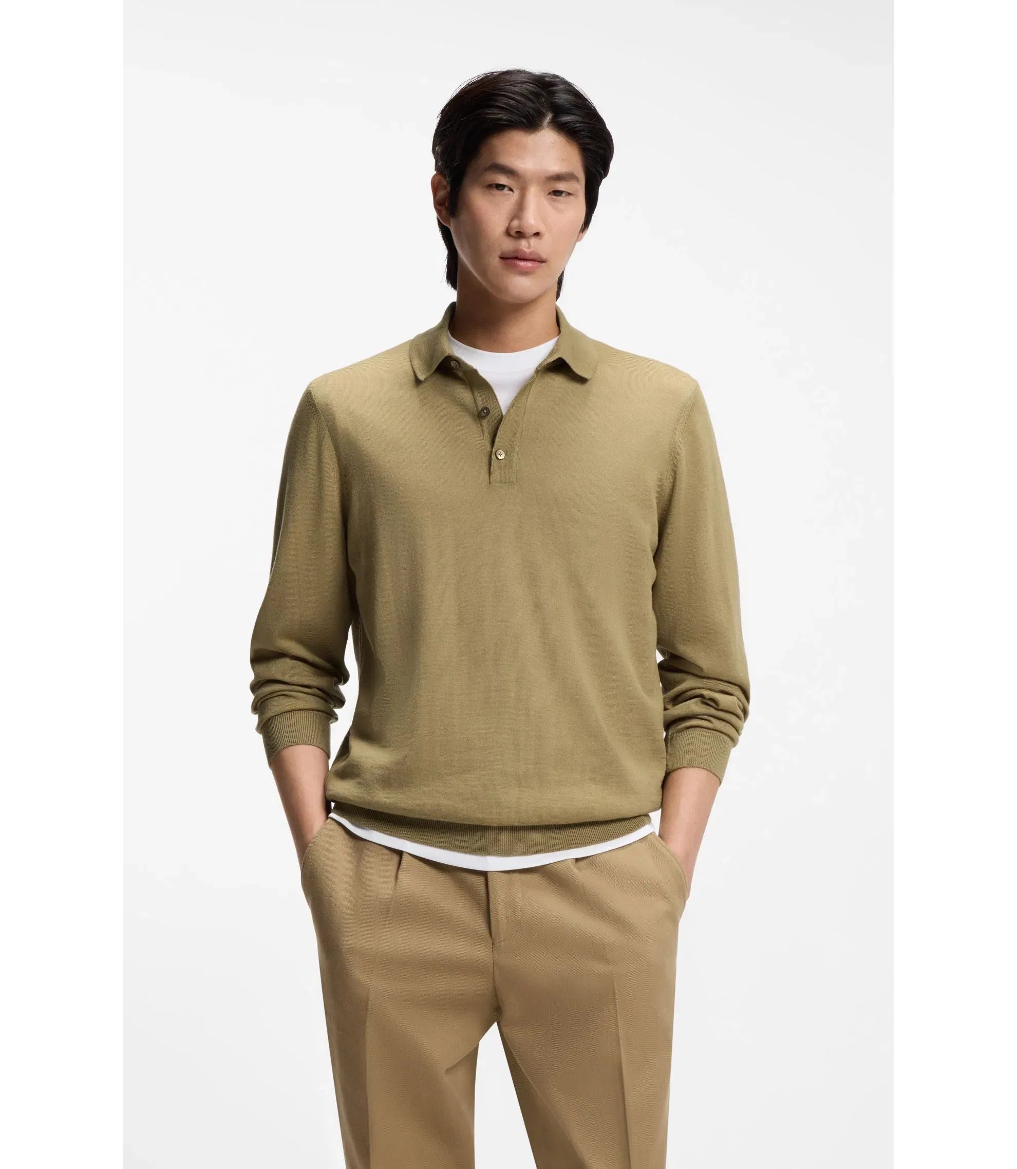 Boss Knitted Polo Sweater In Virgin Wool Khaki