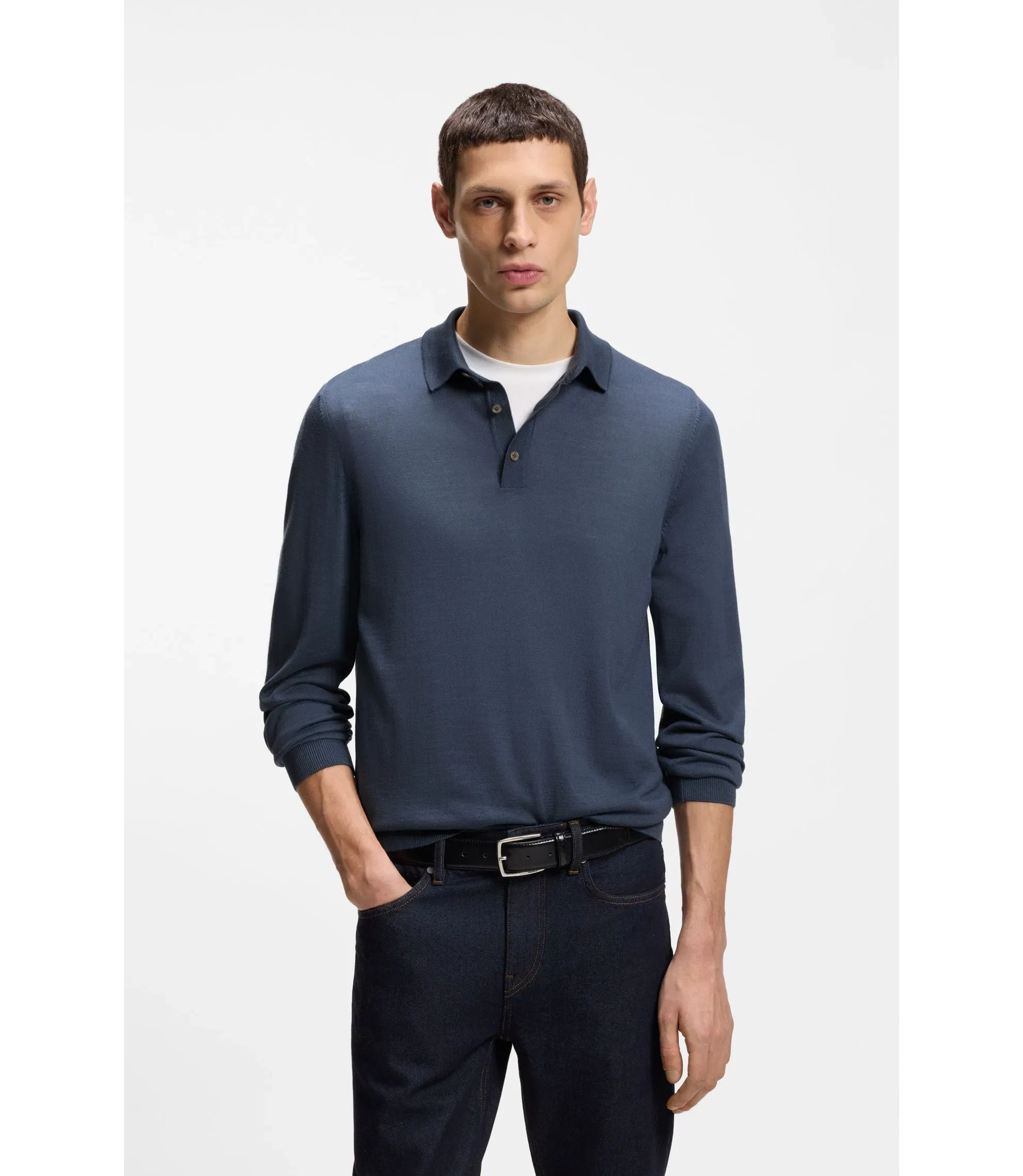 Boss Knitted Polo Sweater In Virgin Wool Light Blue