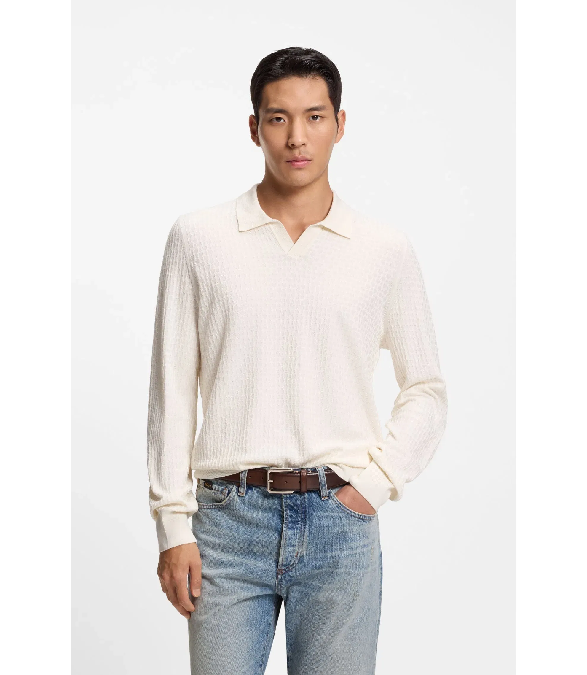 Boss Knitted Silk Sweater With Johnny Collar White