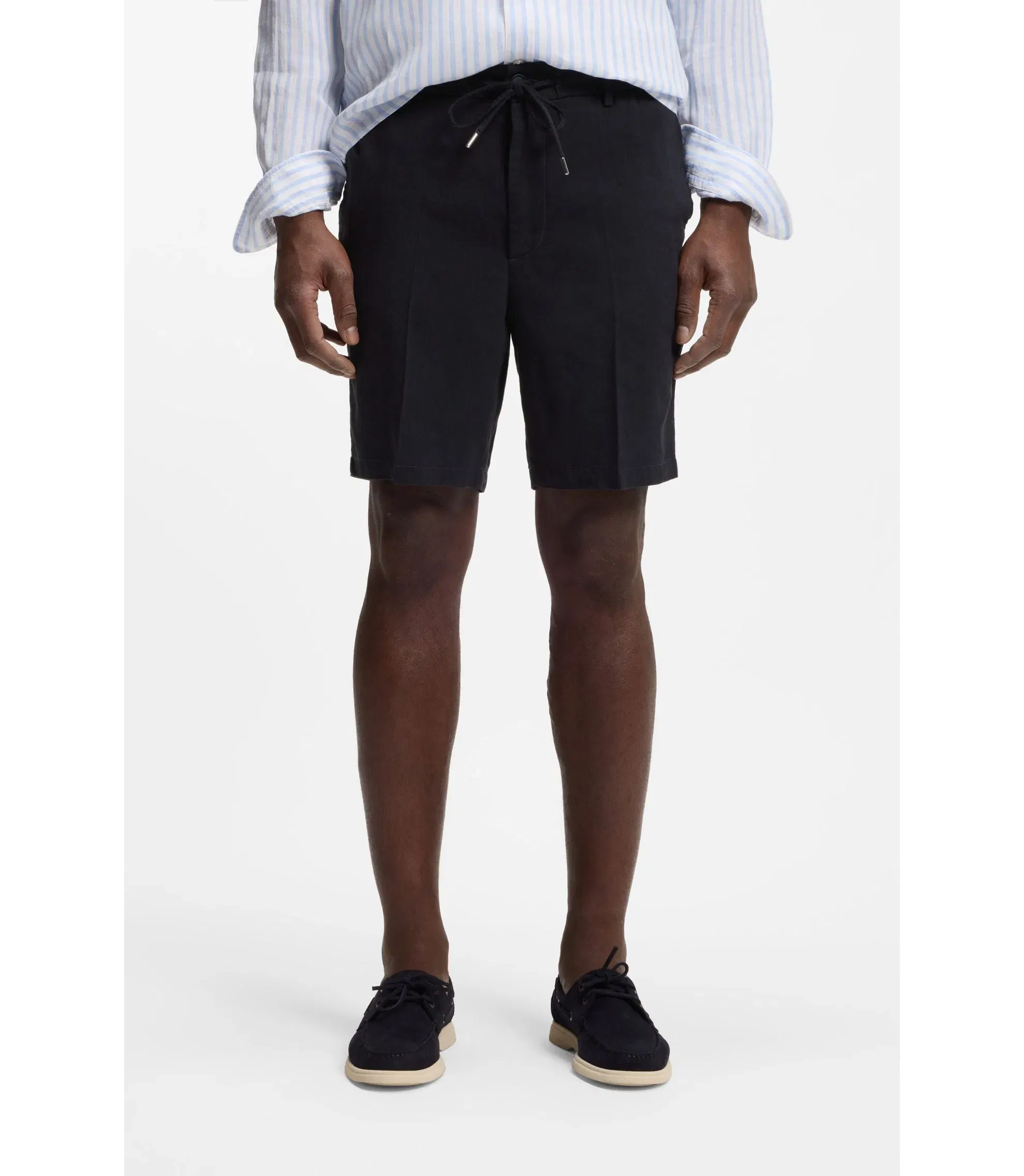 Boss Linen Blend Shorts In A Modern Fit Dark Blue