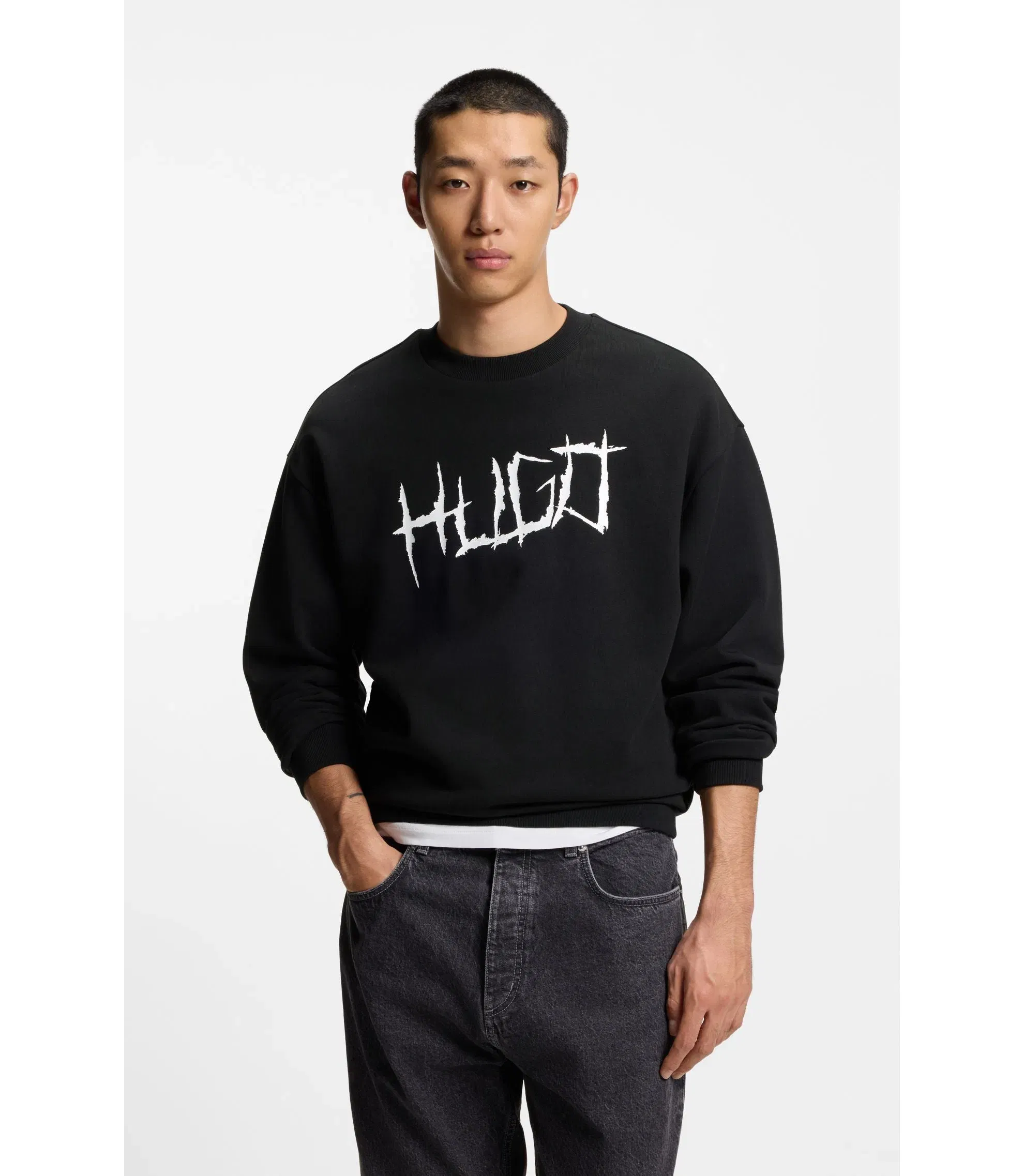 Hugo Logo Artwork Sweatshirt In Cotton Terry Black