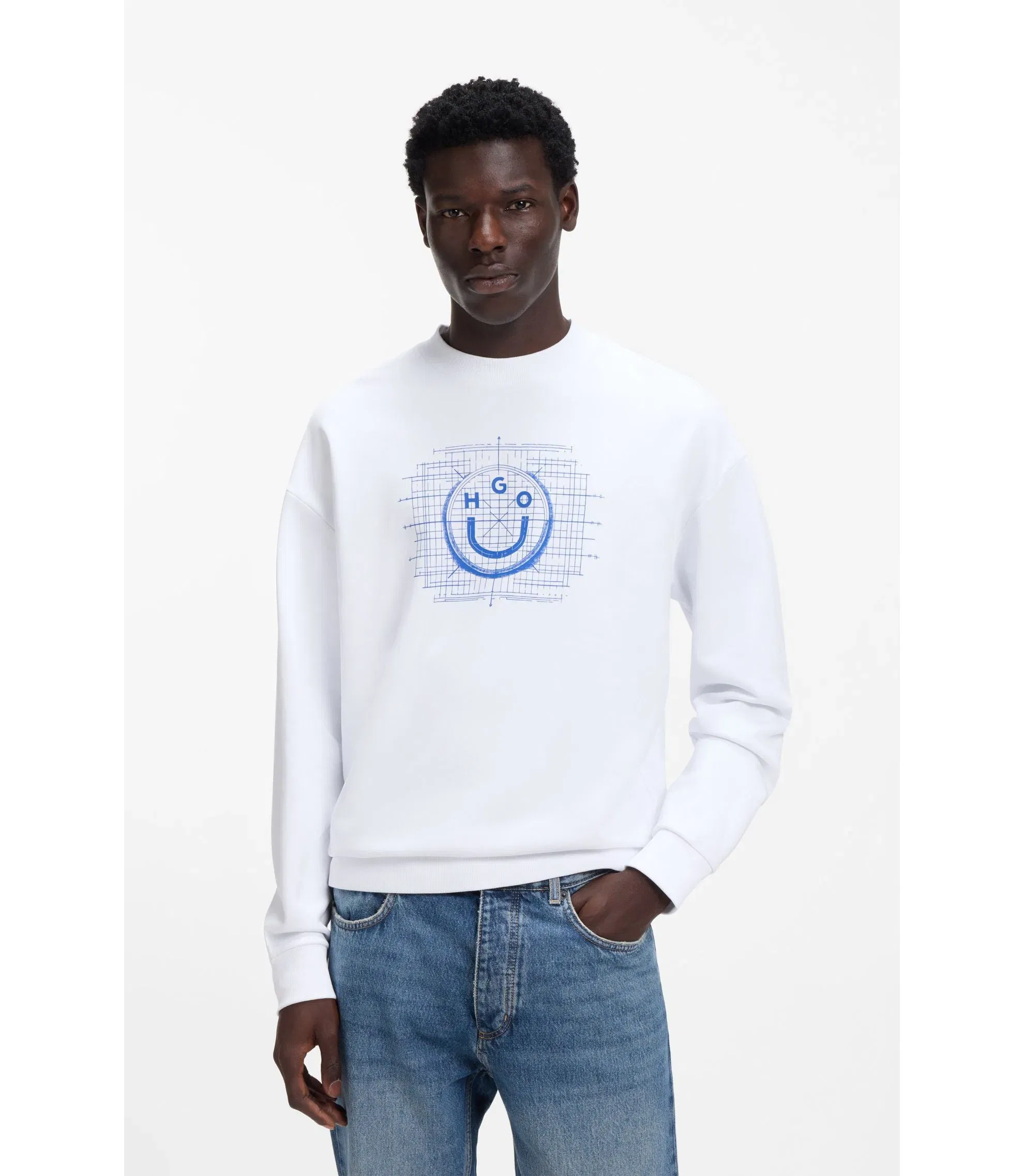 Hugo Logo Artwork Sweatshirt In Cotton Terry White
