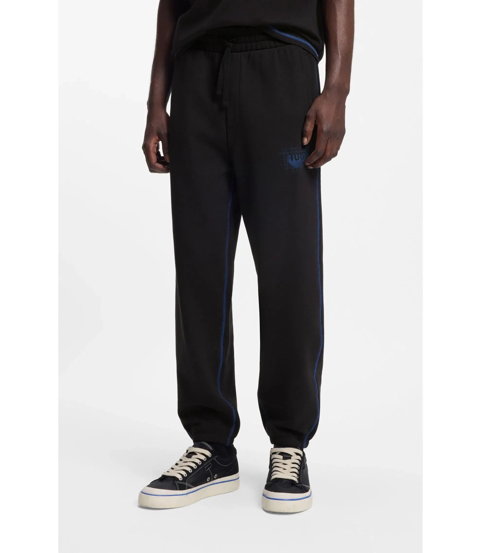 Hugo Logo Artwork Tracksuit Bottoms In Cotton Terry Black