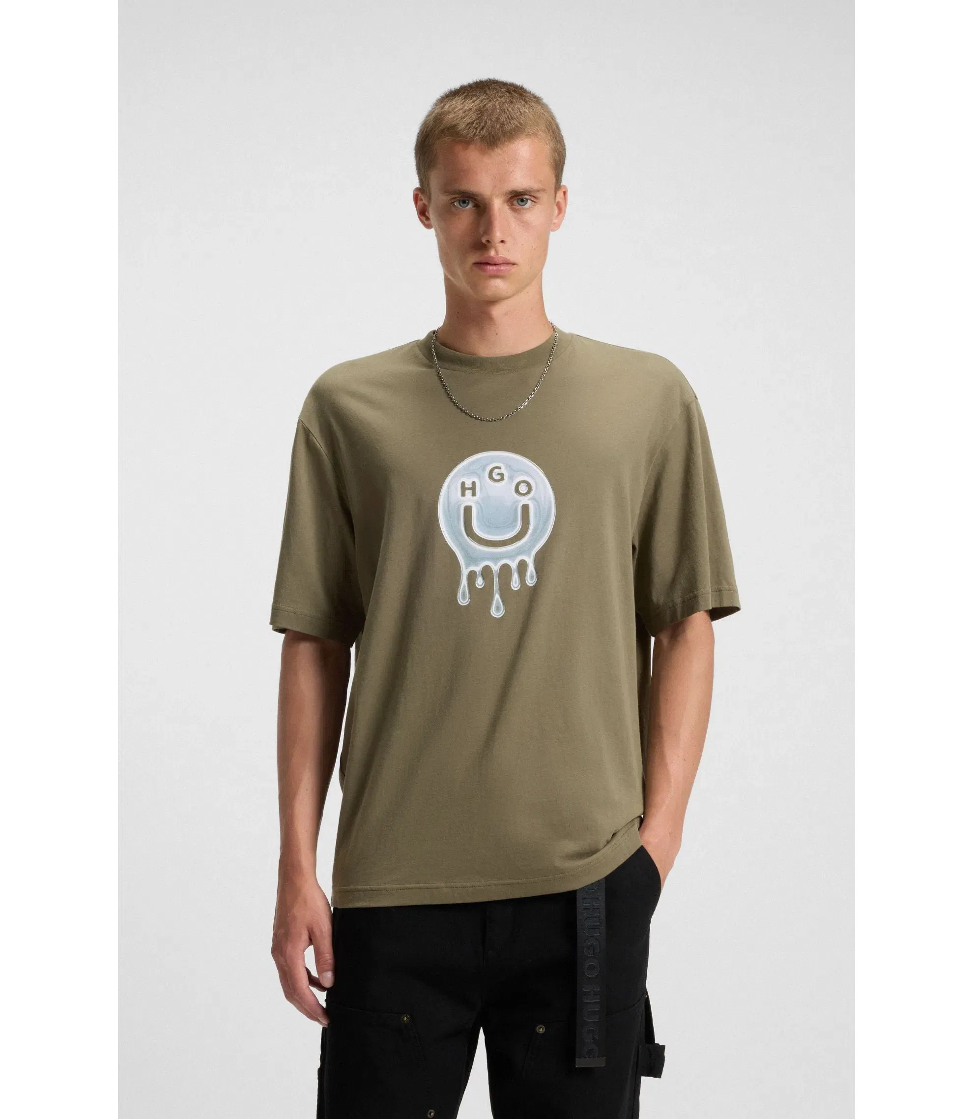Hugo Logo Artwork T-Shirt In Cotton Jersey Light Green