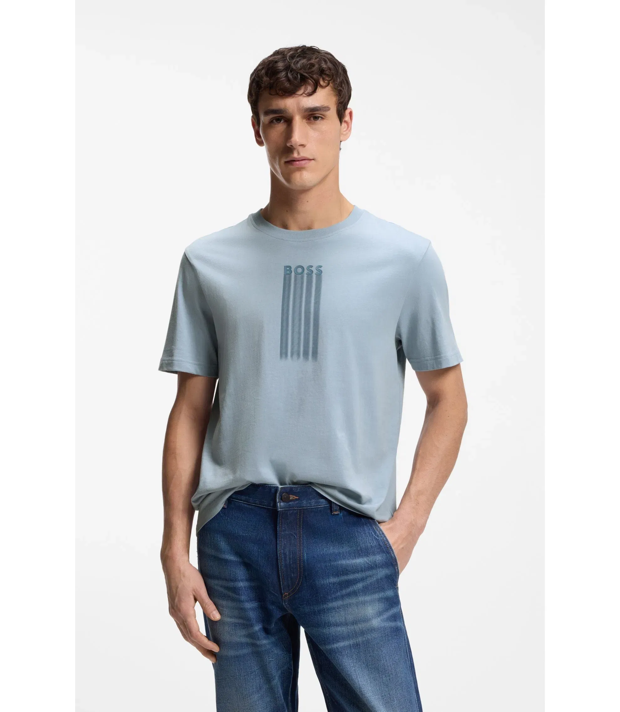 Boss Logo Artwork T-Shirt In Cotton Jersey Light Blue