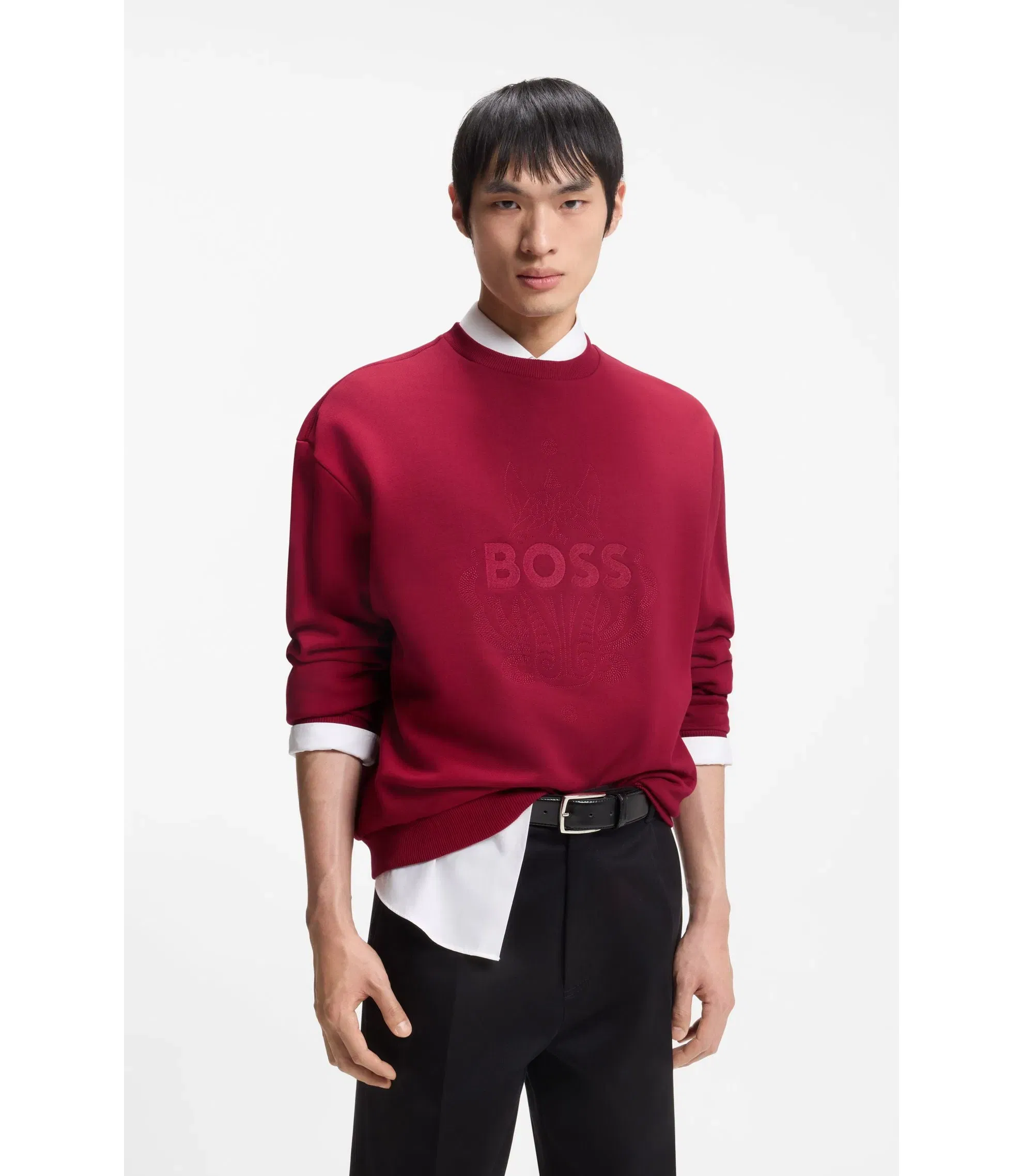 Boss Logo Artwork T-Shirt In Cotton Terry Red